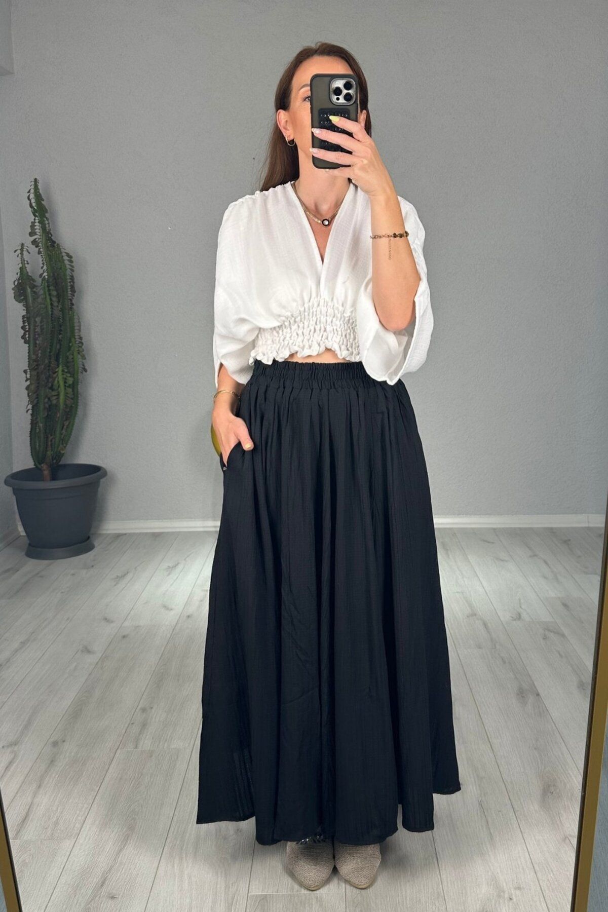 lady special Gofre Astarlı Cepli Uzun Etek