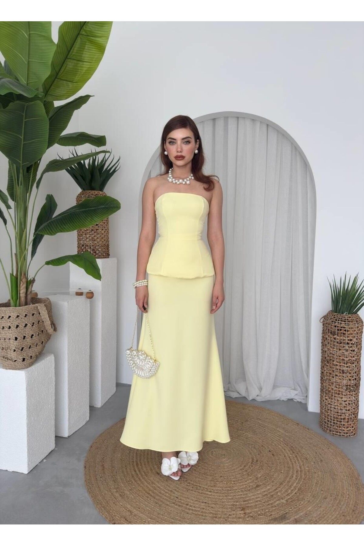 Julidress Takım Görünümlü Straplez Yaka Maxi Uzun Boy Premium Elbise
