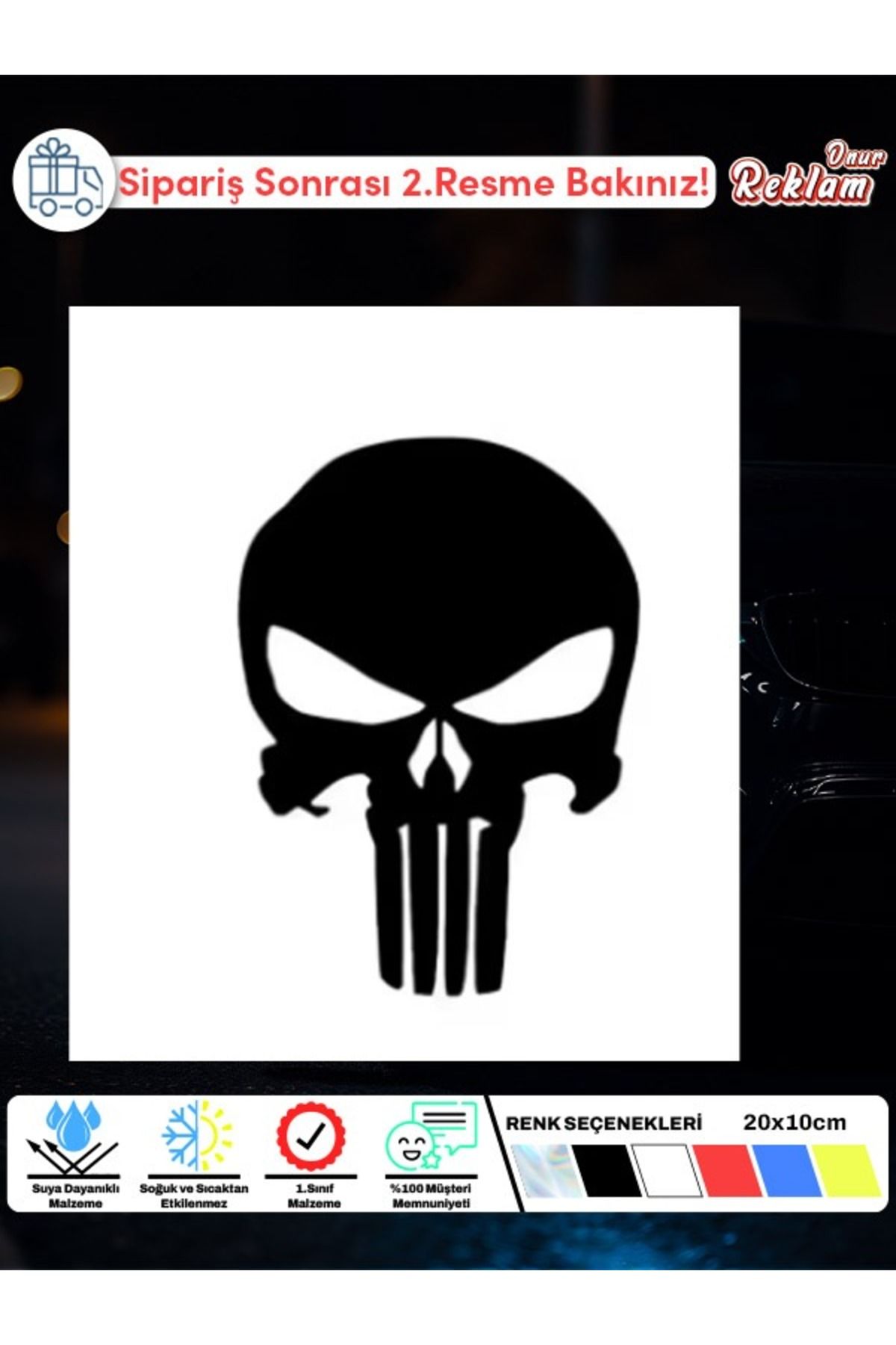Onur Reklam Punisher Kafatası Sticker – Fosforlu & Renk Seçenekli – 20x10 cm