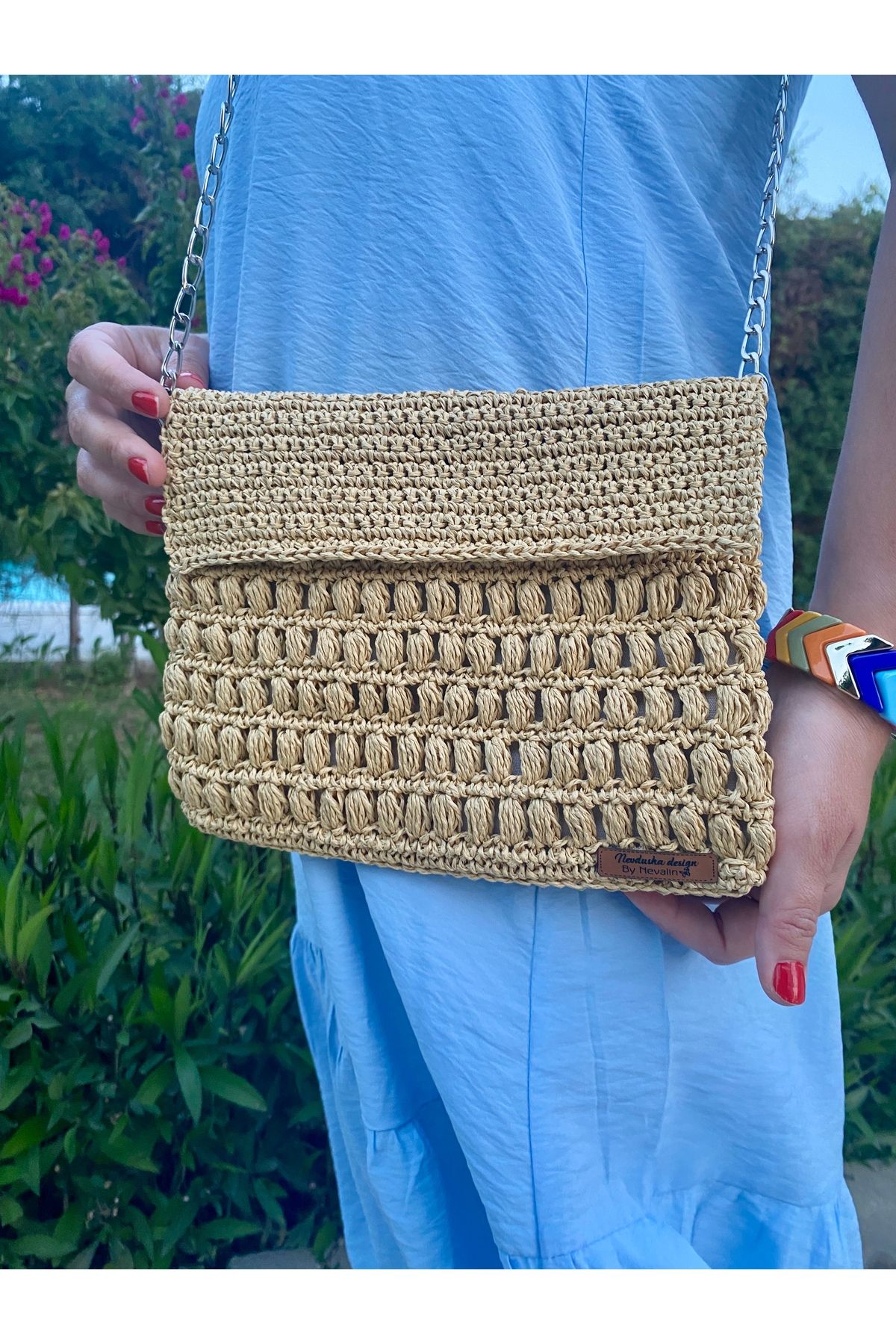 Nevdusha Design El Örgüsü Kapaklı Hasır Kadın Clutch El Çantası