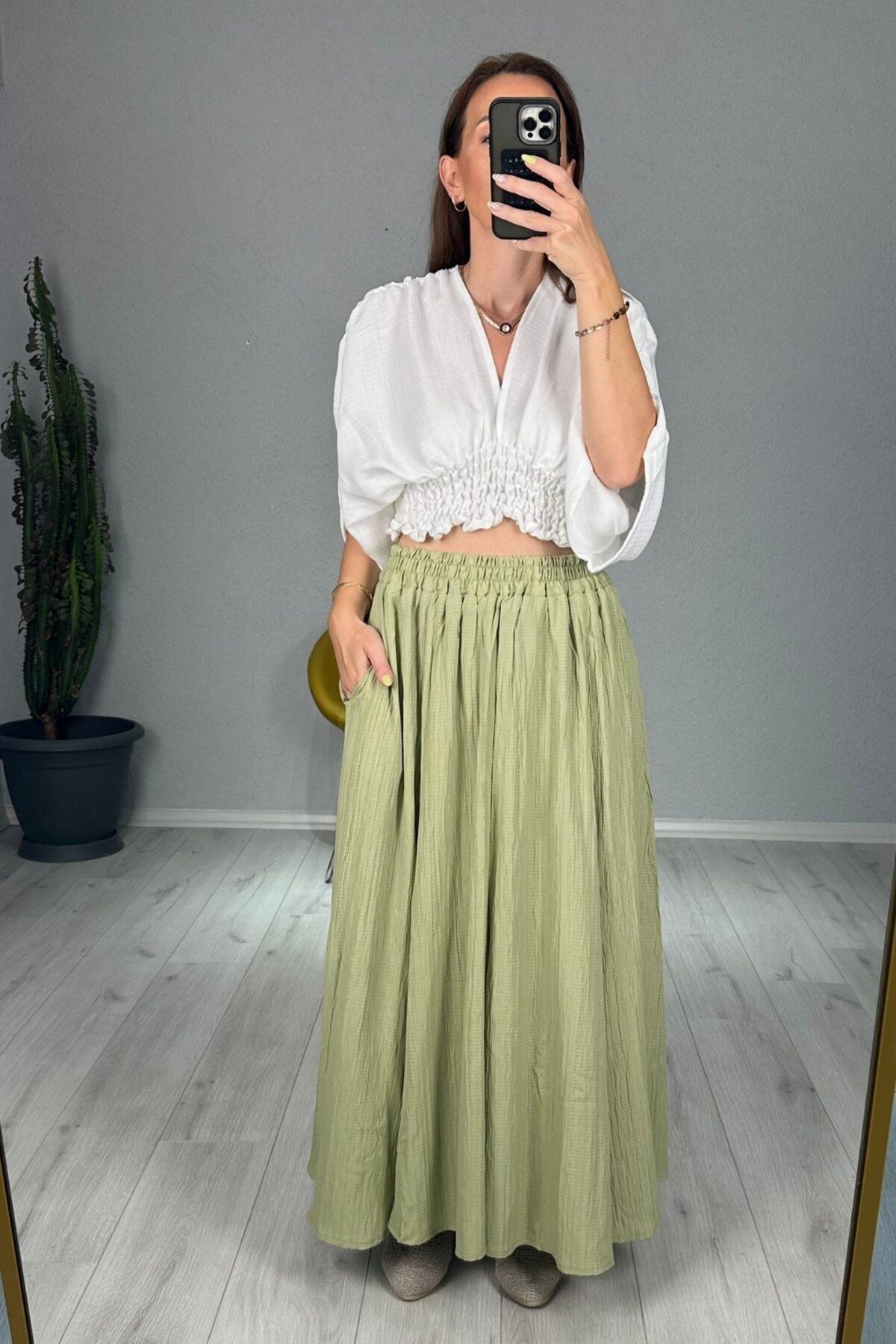 lady special Gofre Astarlı Cepli Uzun Etek