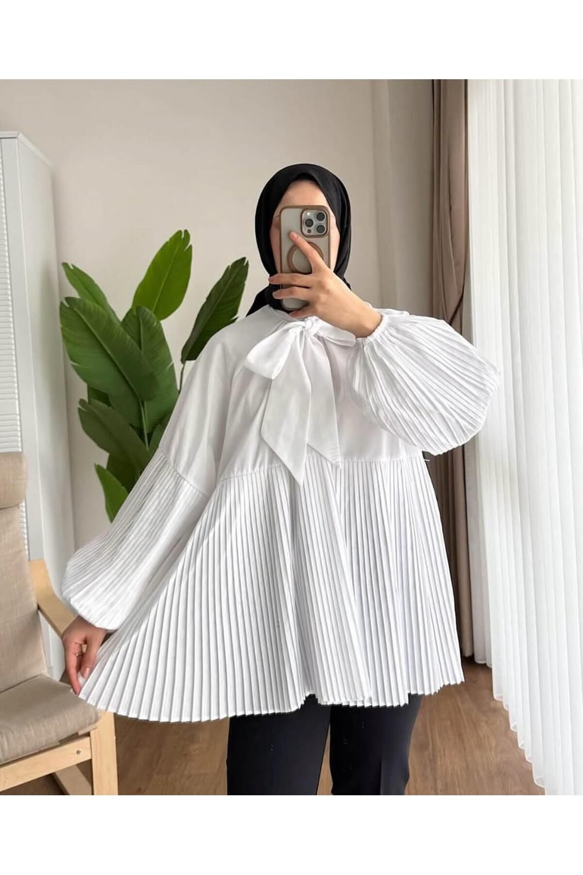 MODA 3041 İnce Pile Detaylı Yakadan Fularlı Balon Kol Gömlek Tunik