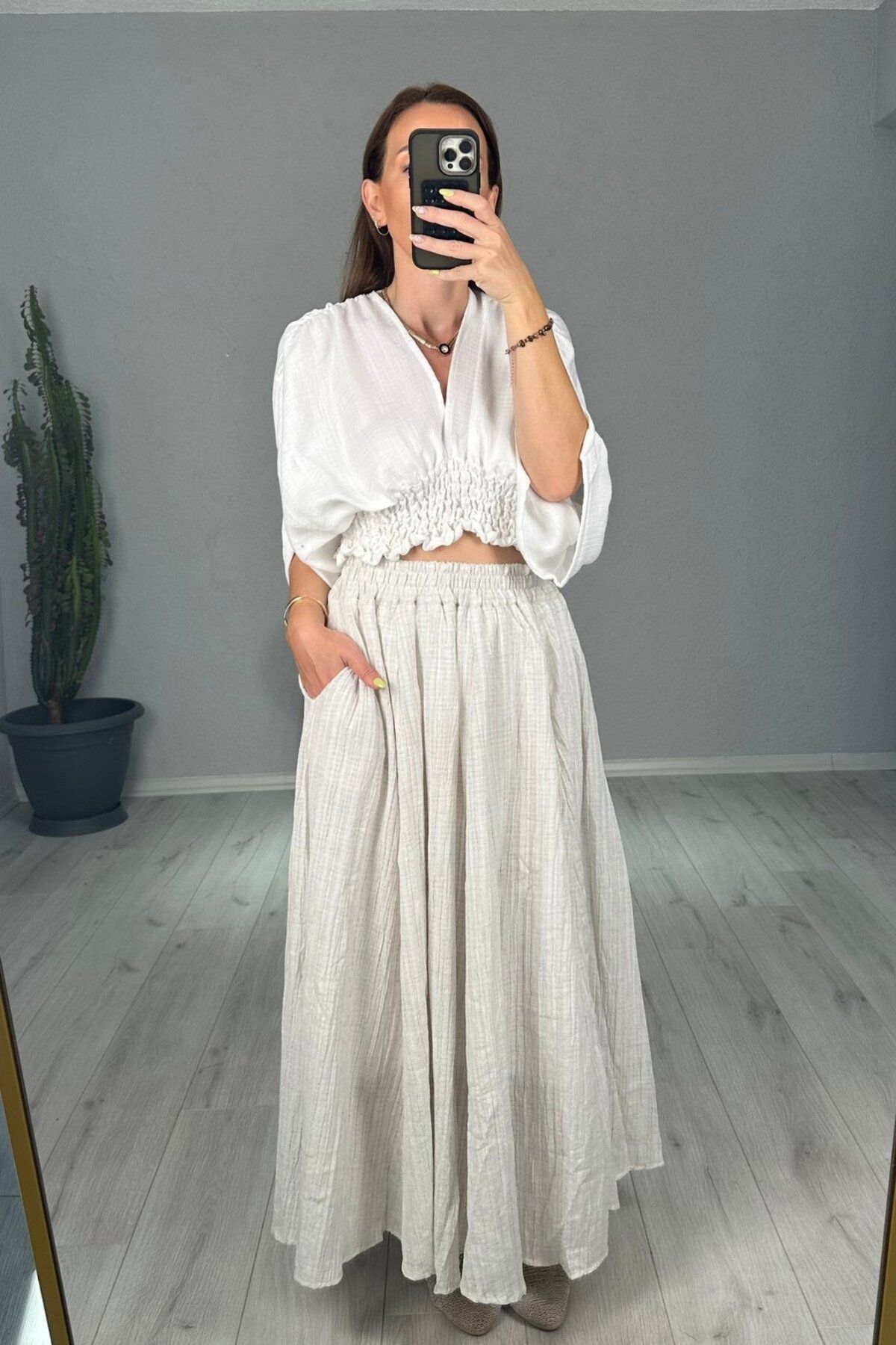 lady special Gofre Astarlı Cepli Uzun Etek