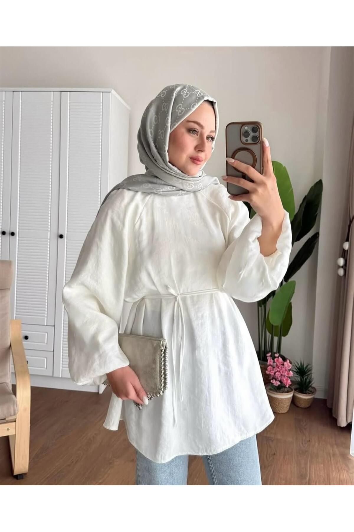 MODA 3001 Bağıcıklı Yaka Pervazlı Balon Kol Tunik