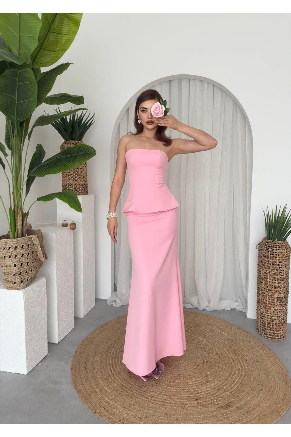 Julidress Takım Görünümlü Straplez Yaka Maxi Uzun Boy Premium Elbise