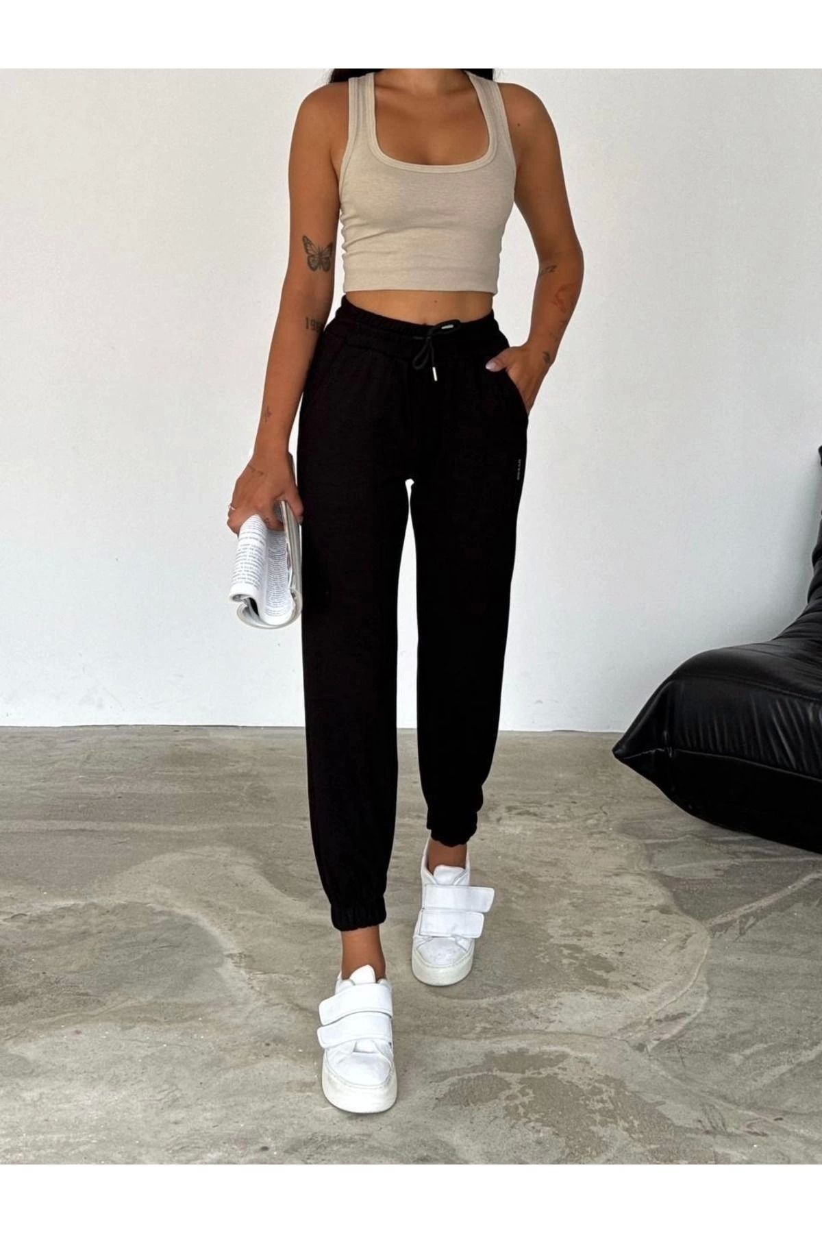 LC Waikiki LCWAIKIKI Yazlık Beli Lastikli Bağlamalı Düz Kadın Jogger Eşofman Altı Siyah