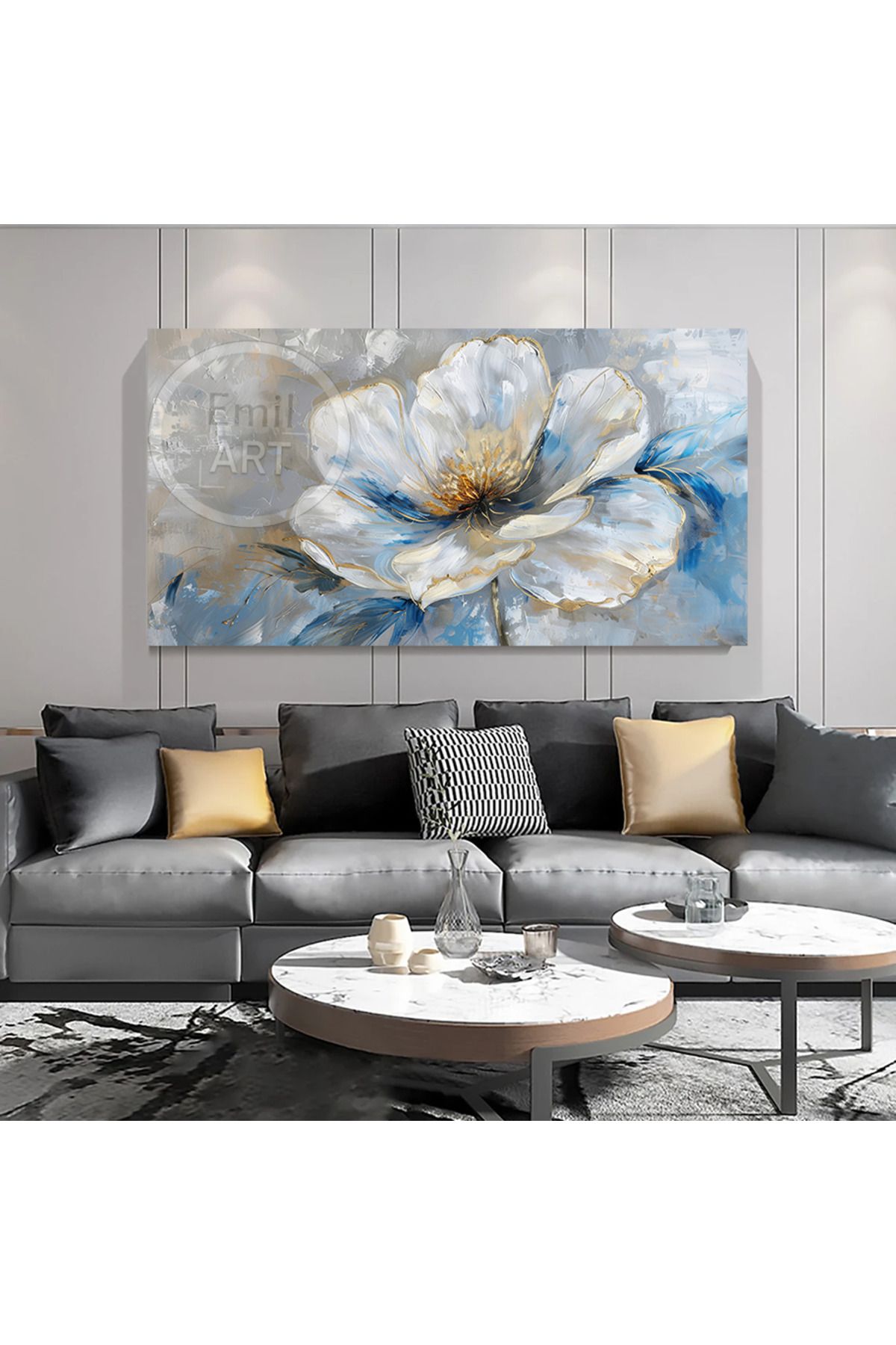 EMİLART Soyut Art Sarı Ve Mavi Tonlarında Çiçek Sanatsal Modern Ev Ofis Salon Odası Kanvas Tablo