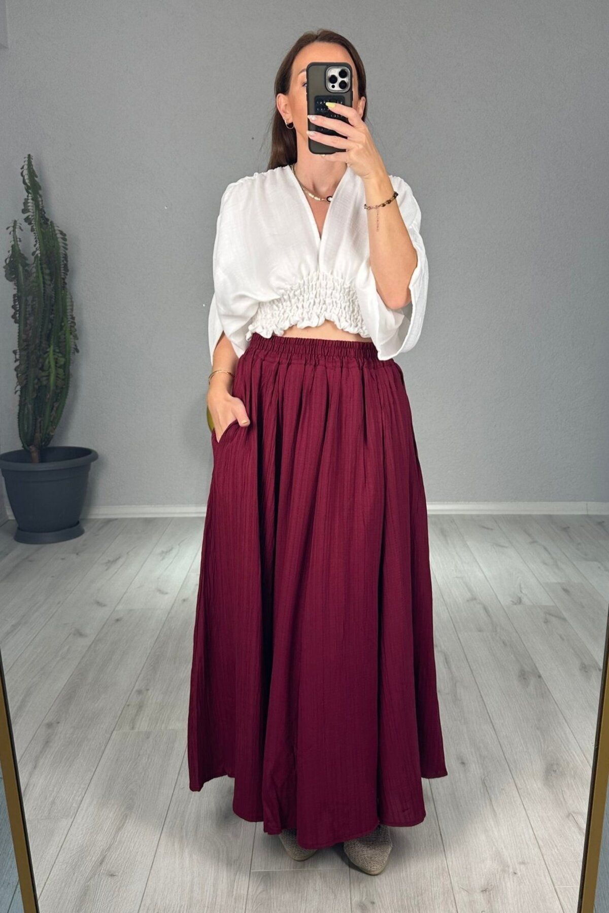 lady special Gofre Astarlı Cepli Uzun Etek