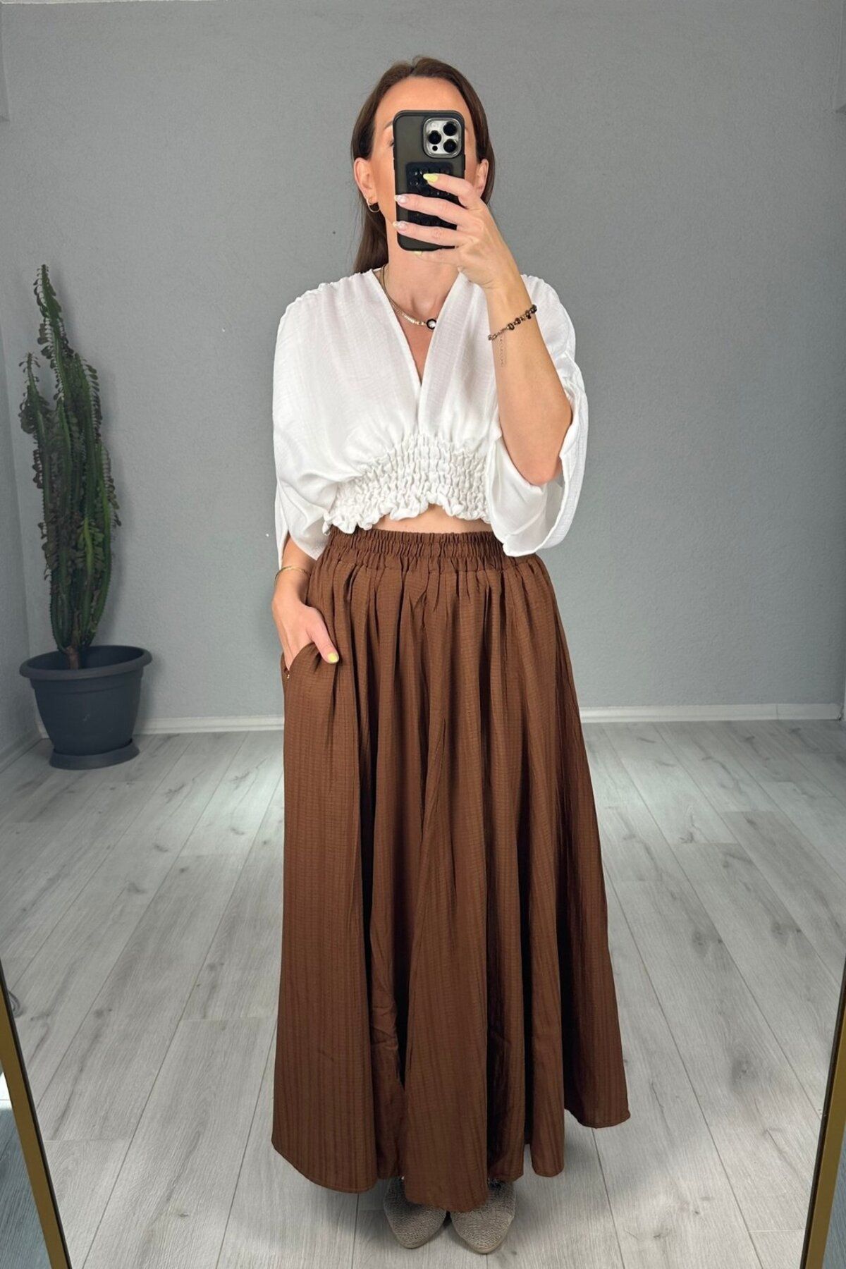 lady special Gofre Astarlı Cepli Uzun Etek