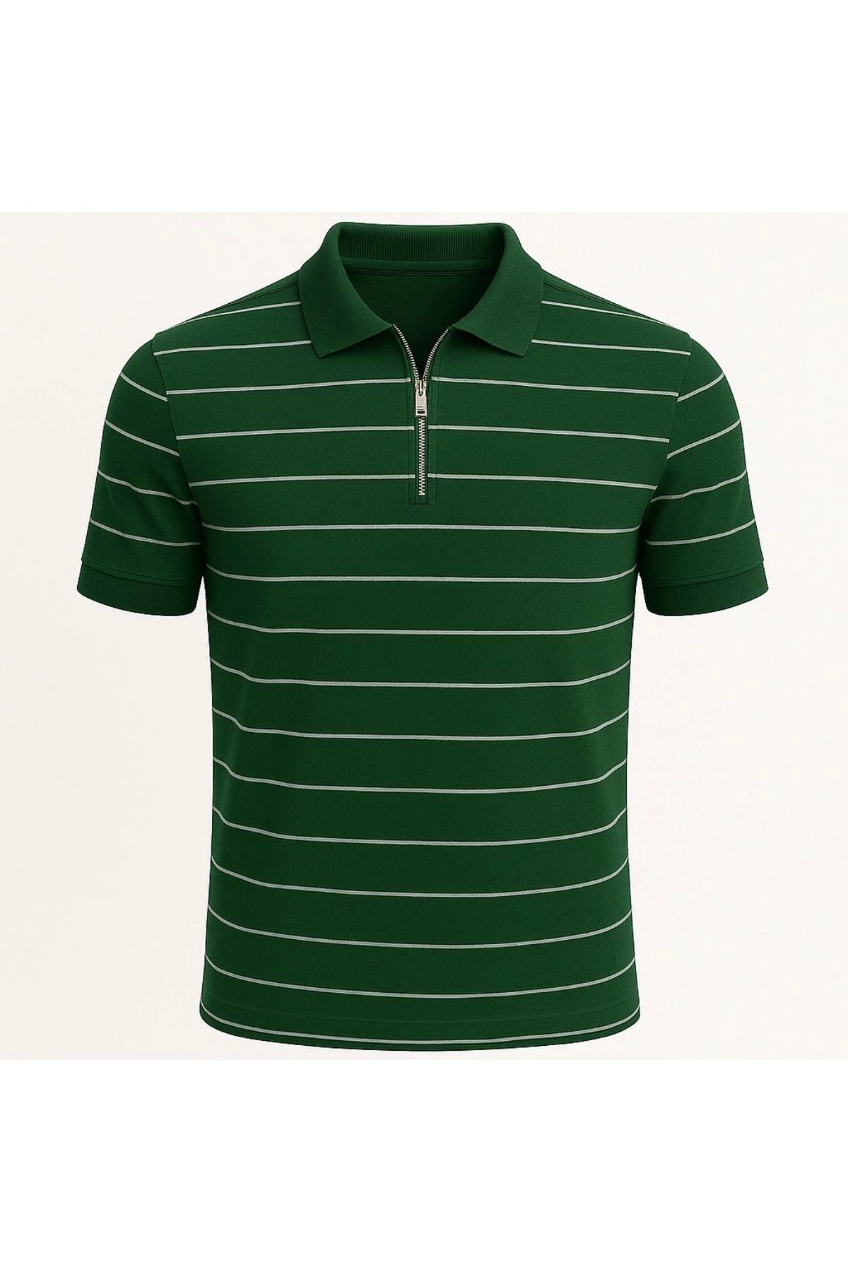 LC Waikiki Polo Yaka Yarım Fermuar Yatay Çizgi Desenli Triko Erkek T-Shirt