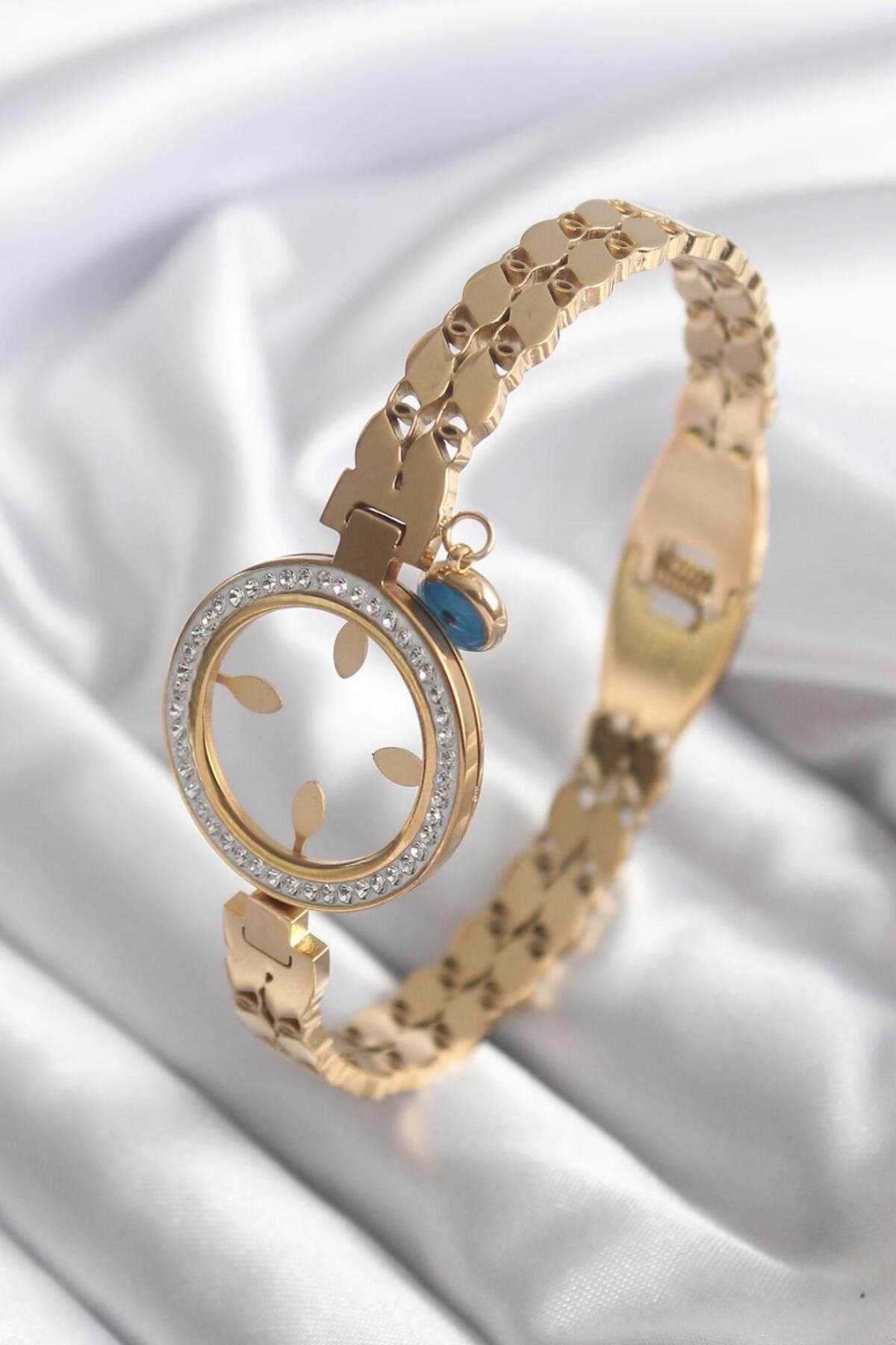 AfraBeauty 316L Çelik Gold Renk Arpa Model Zirkon Taş Detay Çeyrek Altın Takılabilir Kadın Kelepçe