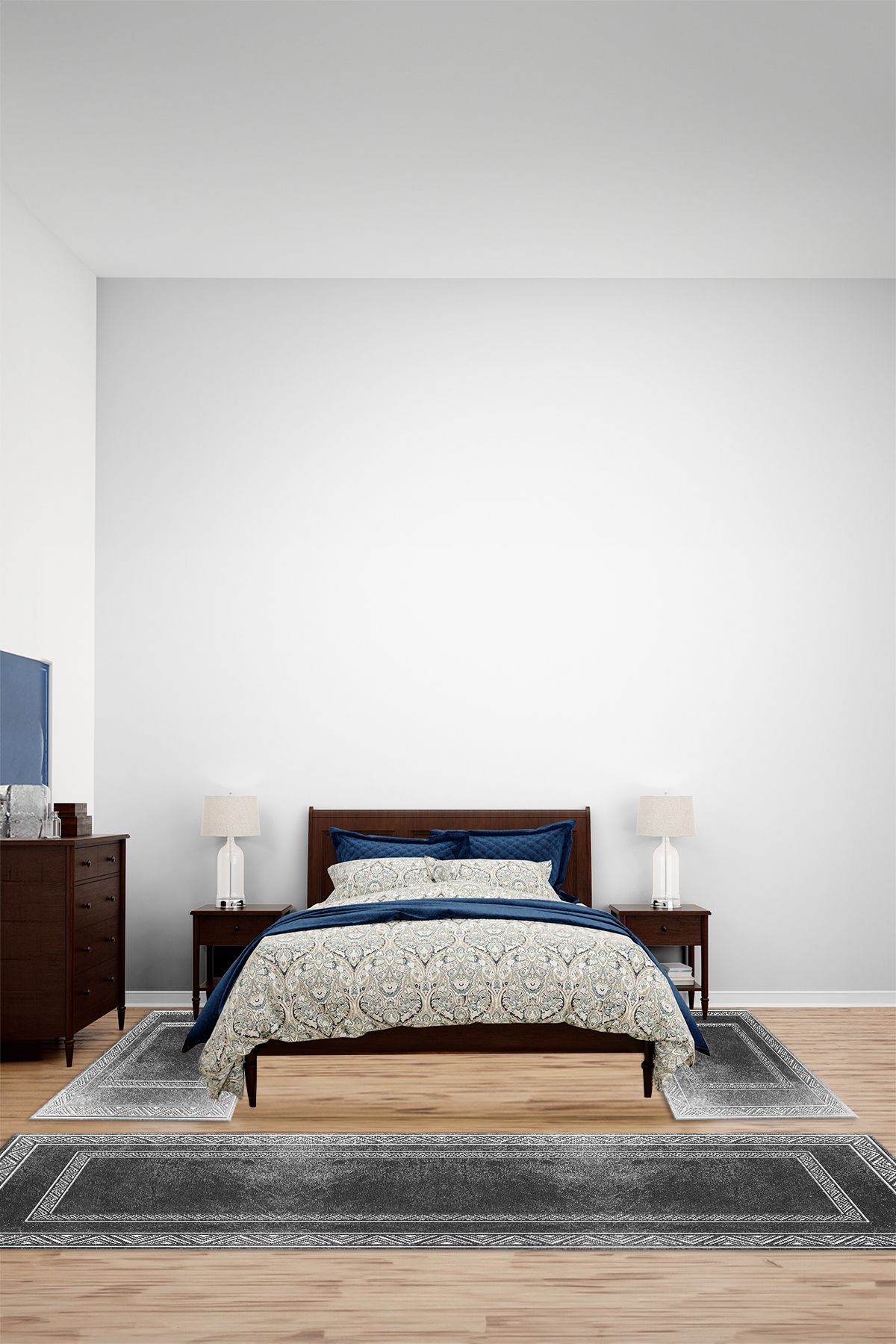 Viyana Home Dijital Kaymaz Yıkanabilir Çerçeveli Üçgen Üçlü Yatak Odası Takım Halısı, YO-ÇERÇEVELİ-202-ANTRASİT,