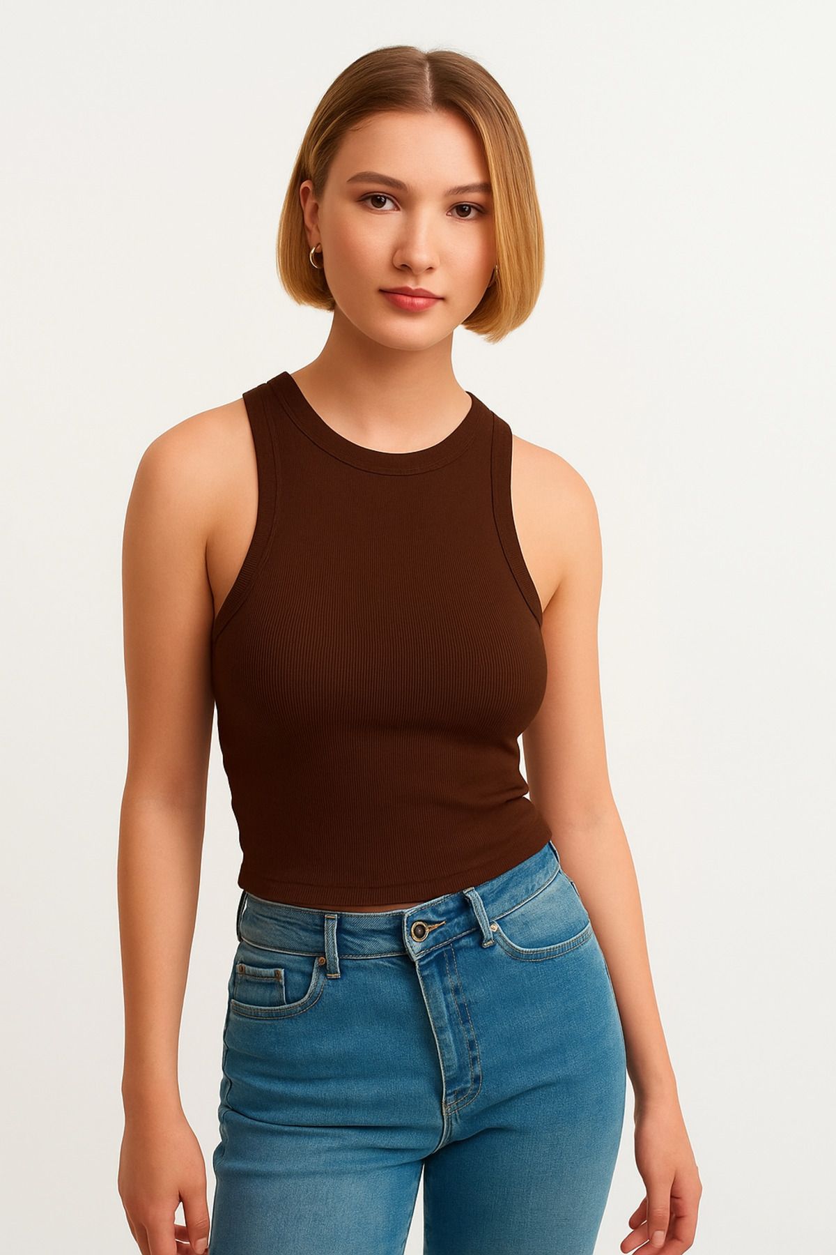 Salvi Kadın Kahverengi Fitilli T-shirt Halter Yaka Örme Atlet