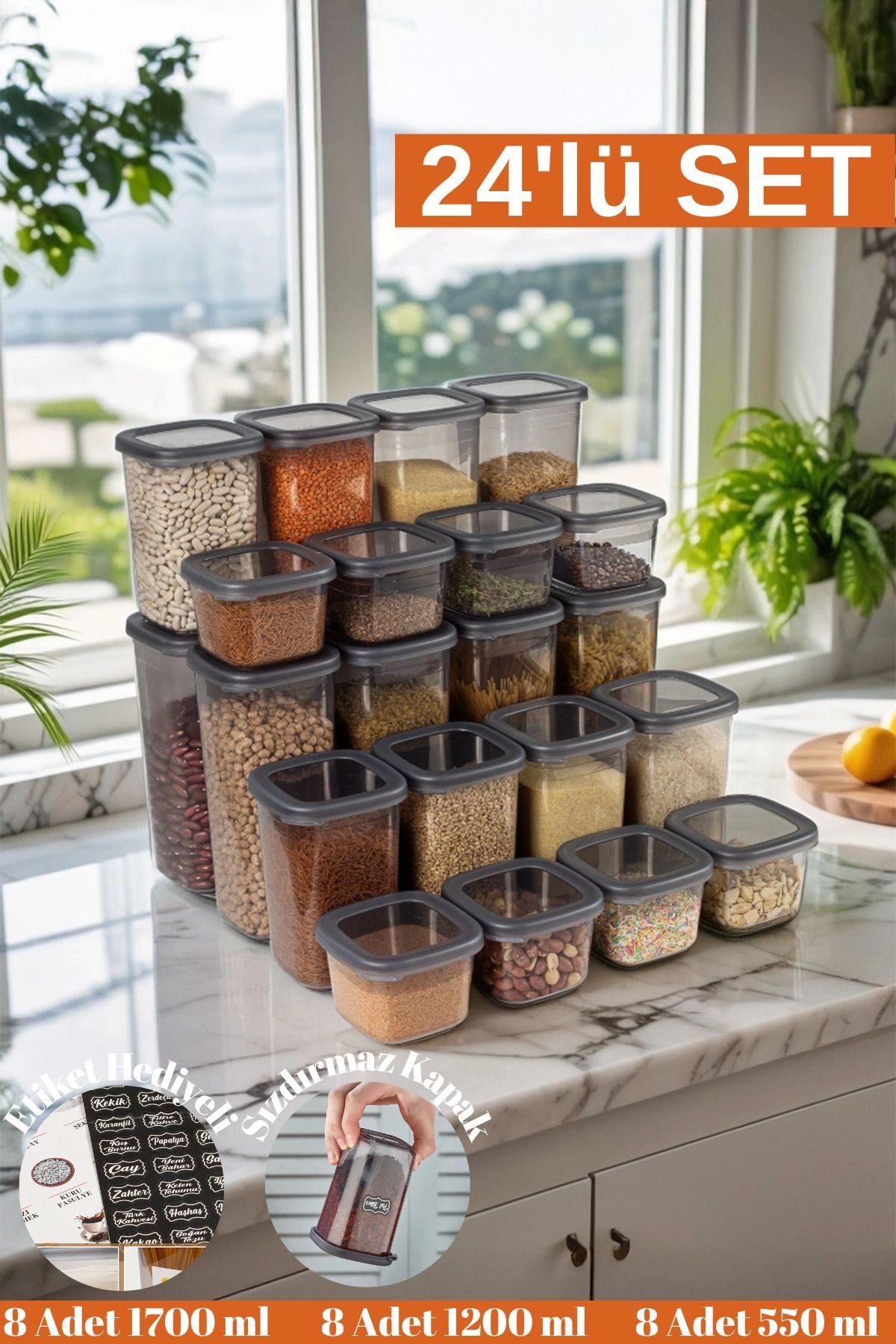Modafiks 24 Adet 48 Parça 550 ml. 1200 ml. 1750 ml. Sızdırmaz Kapaklı Kare Erzak Bakliyat Saklama Kabı Seti