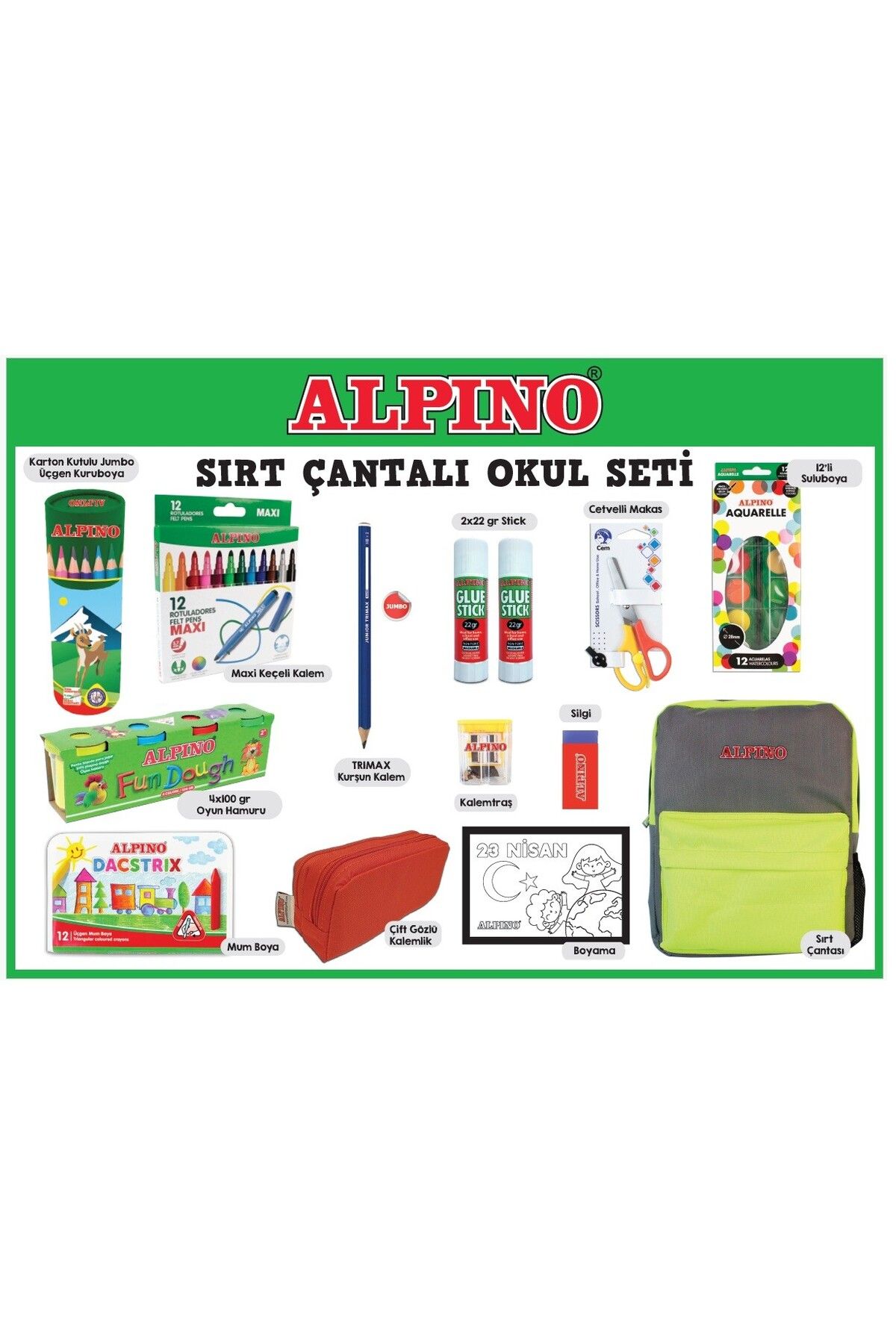 Alpıno ALPINO SIRT ÇANTALI OKUL SETİ