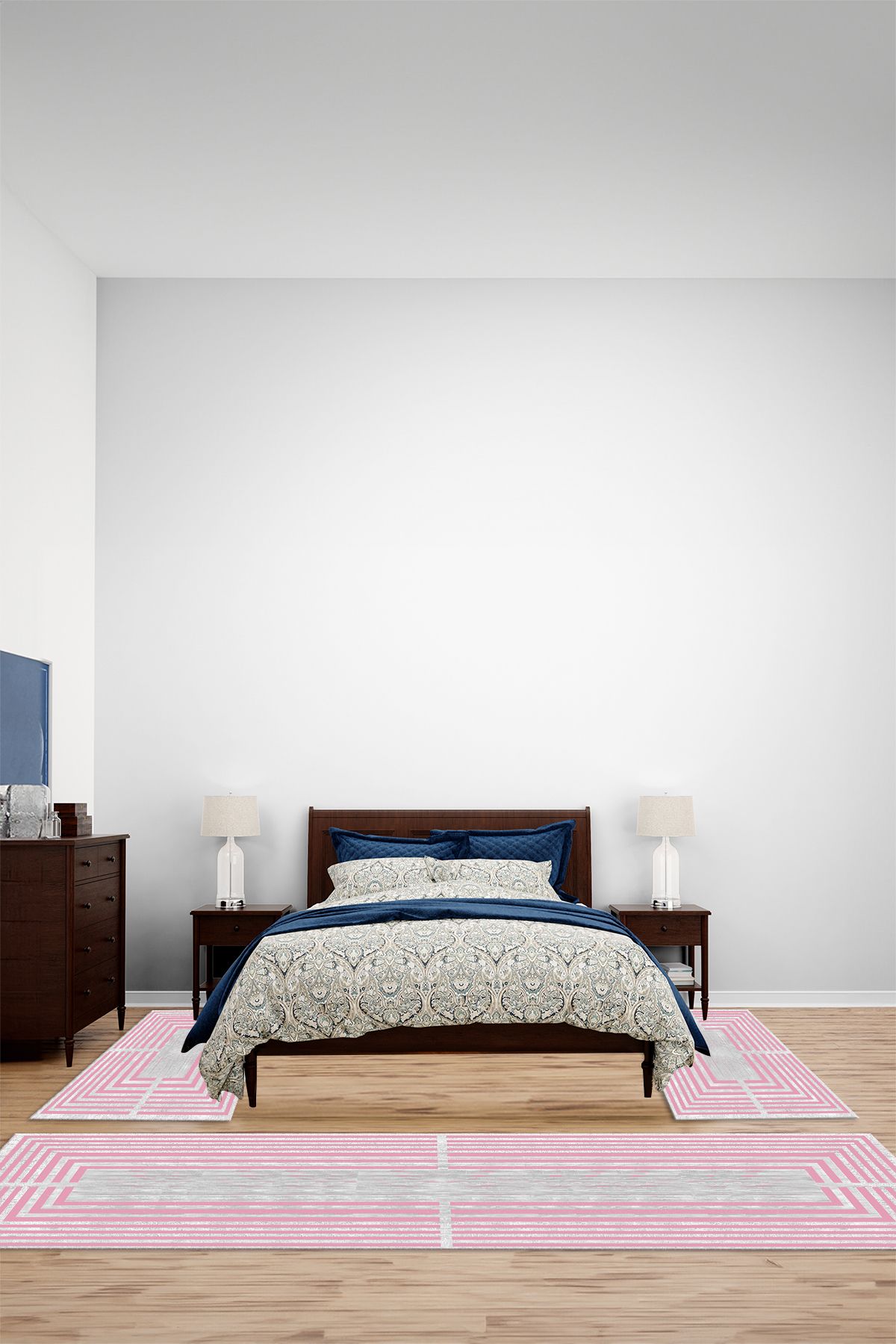 Viyana Home Dijital Kaymaz Yıkanabilir Çerçeveli Çizgi Üçlü Yatak Odası Takım Halısı, YO-ÇERÇEVELİ-167-PEMBE,