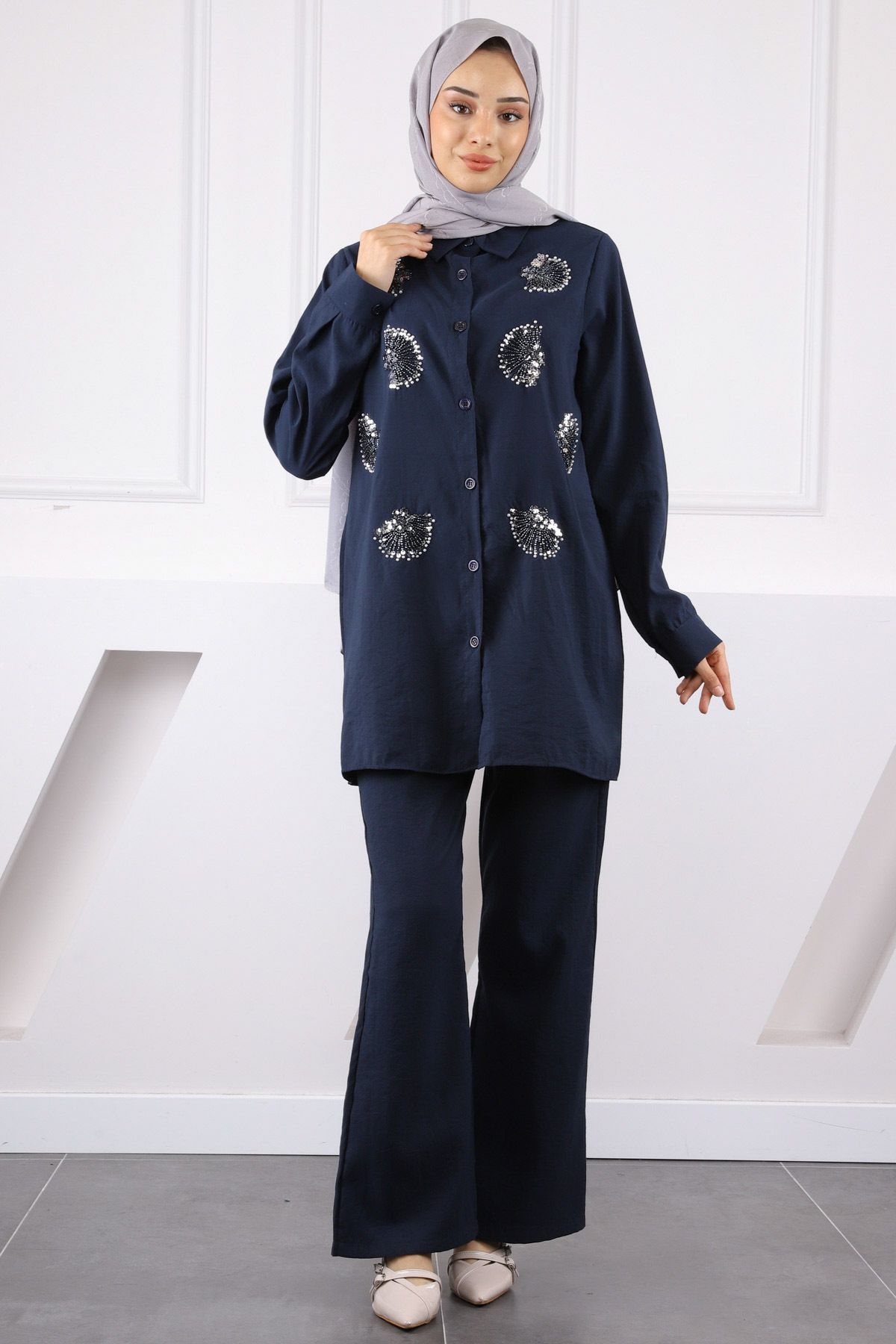 İmajButik Lacivert Boncuk İşlemeli Tunik Pantolonlu Takım