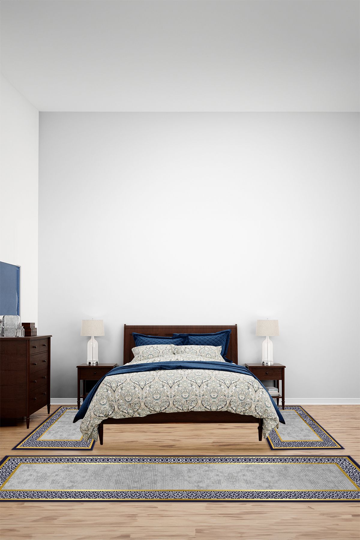 Viyana Home Dijital Kaymaz Yıkanabilir Çerçeveli Kenar Üçlü Yatak Odası Takım Halısı, YO-ÇERÇEVELİ-184-LACİVERT,
