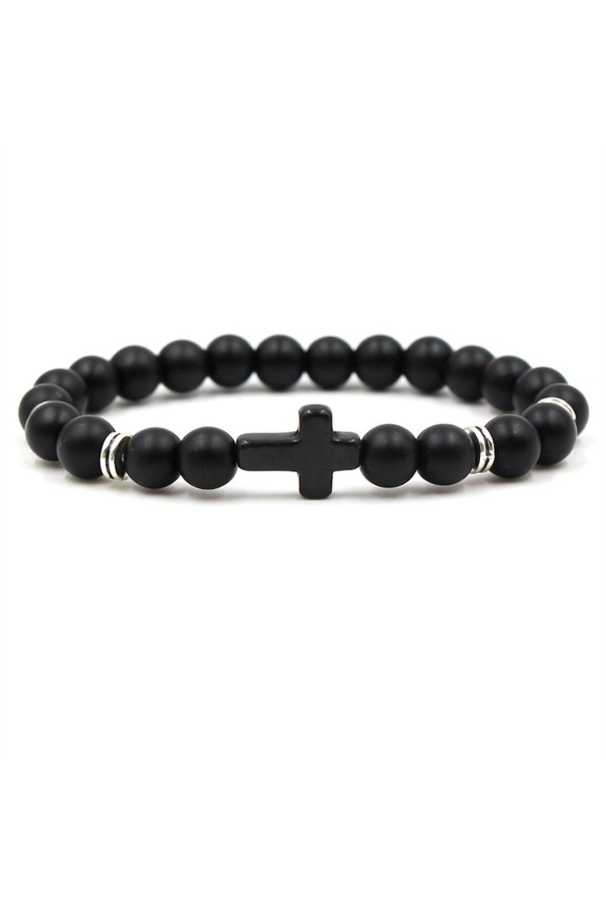 Tessero-Brățară elastică din piatră semiprețioasă, onix, model în formă de cruce, unisex, neagră 2