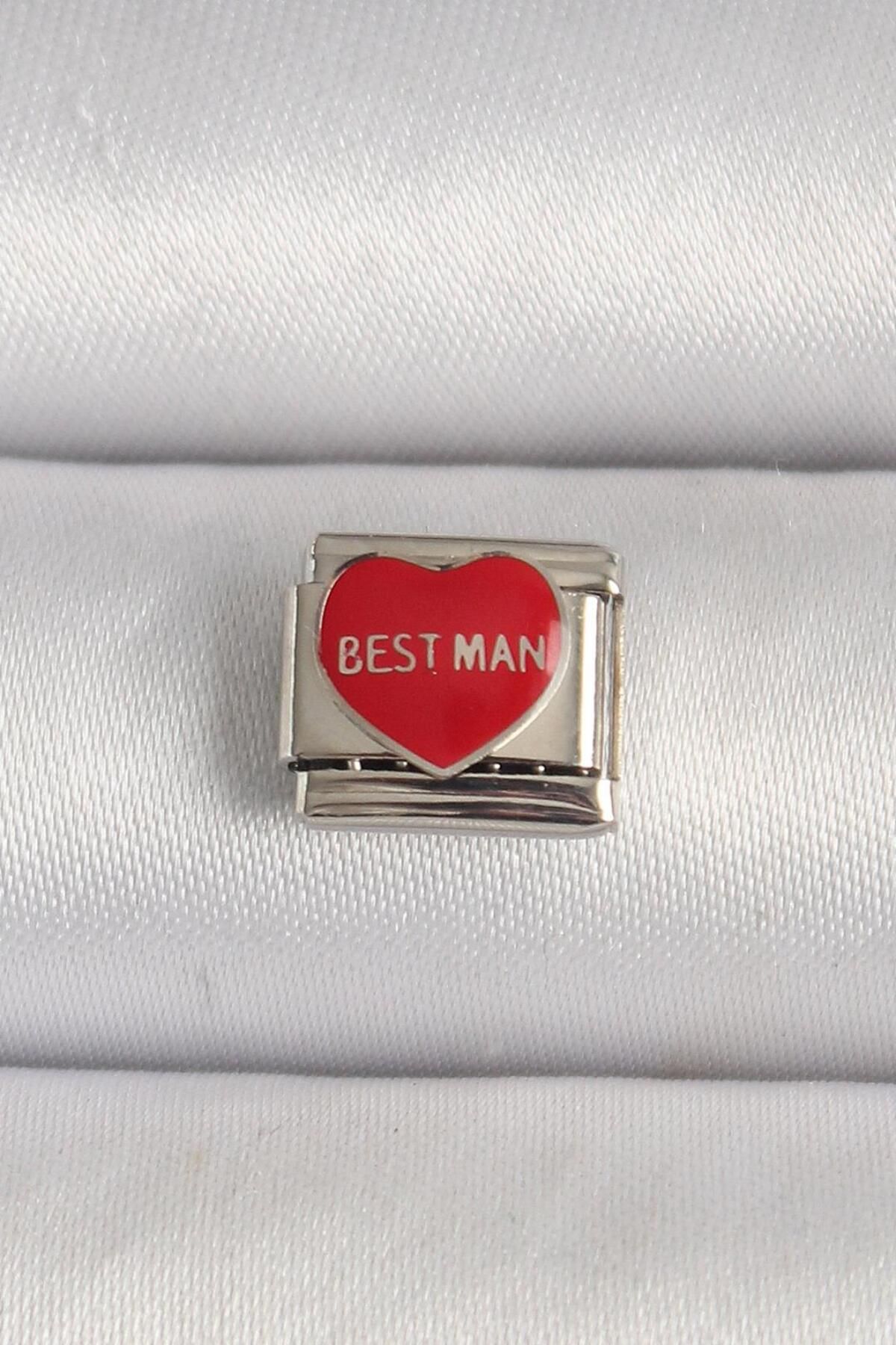 AfraBeauty 316L Çelik Gümüş Renk 'Best Man' Yazılı Kırmızı Kalp İşlemeli Nomination Charm