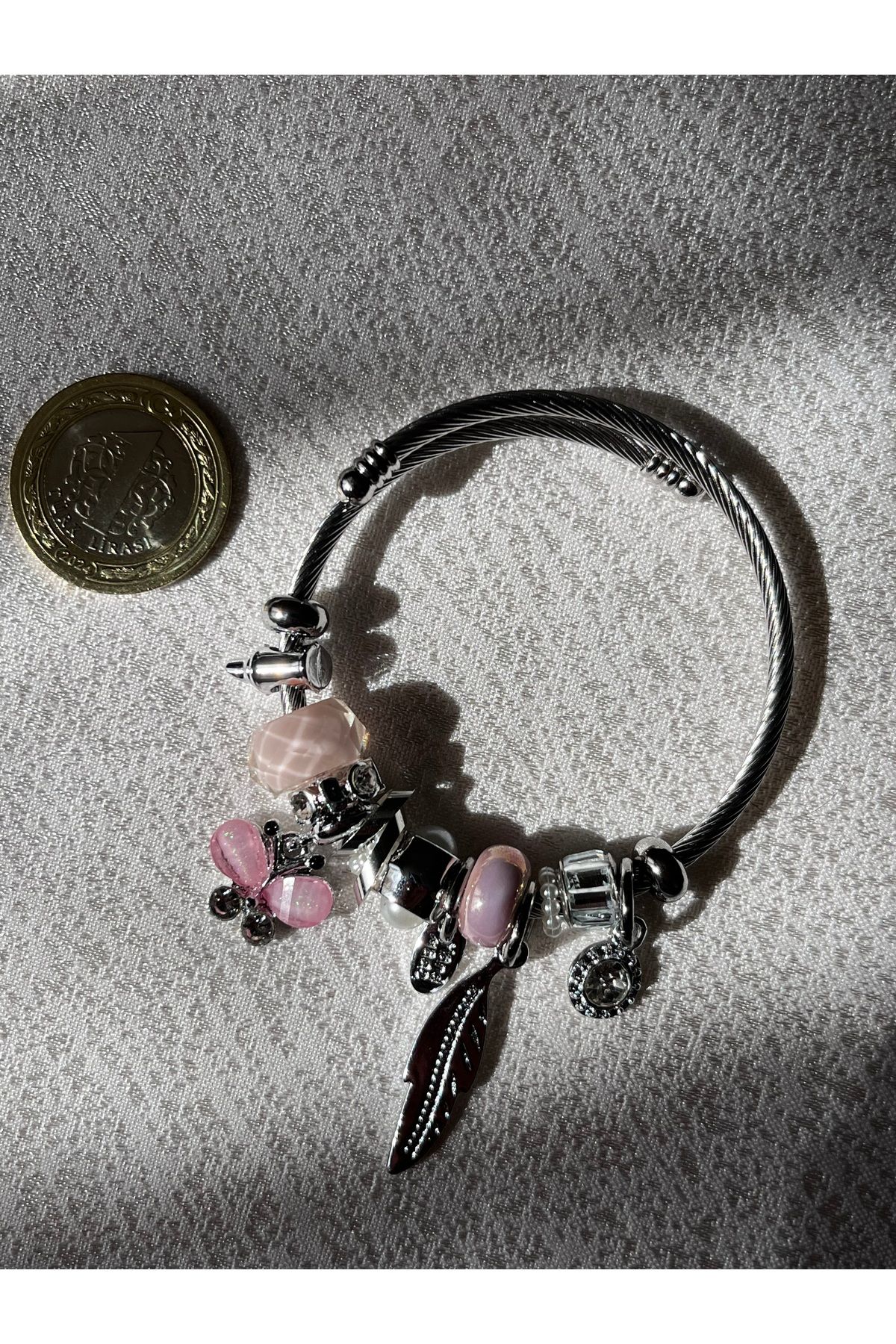 ByLora Charm Bileklik Pembe Kelebek ve yaprak motifli