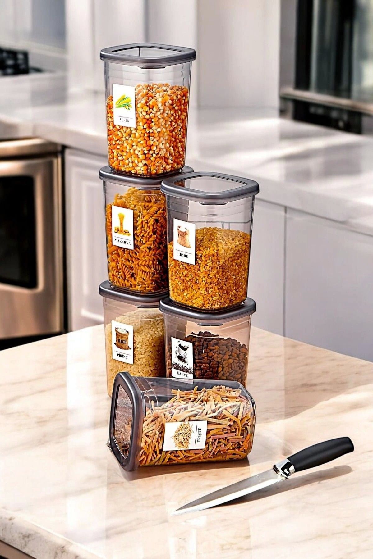 Modafiks 6 Adet Etiketli Square Kare Erzak Saklama Kabı Seti 1200 ml - Sert Kapak 1.2 Litre Etiket Hediyeli