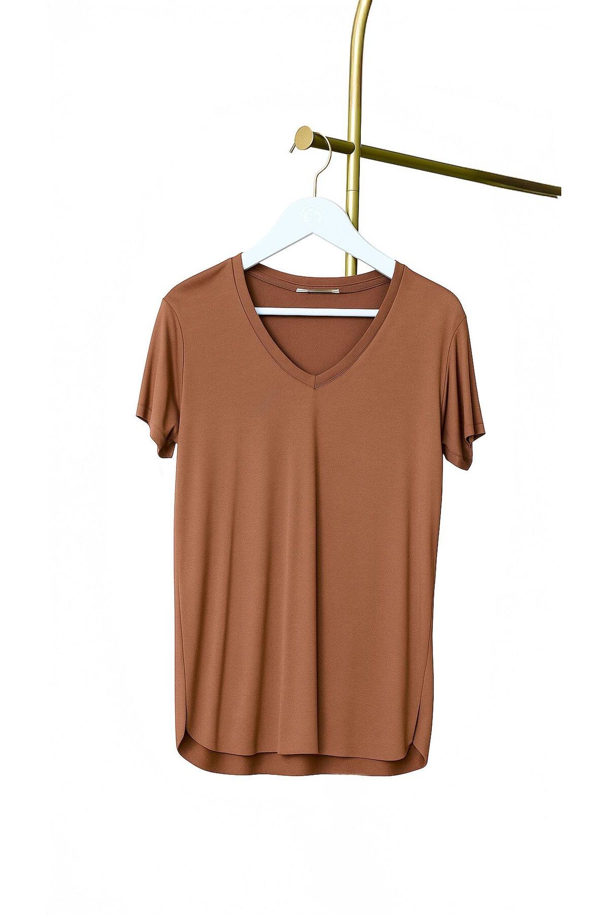 Sezgi Tekin V Yaka Dökümlü Tarçın Modal Tshirt