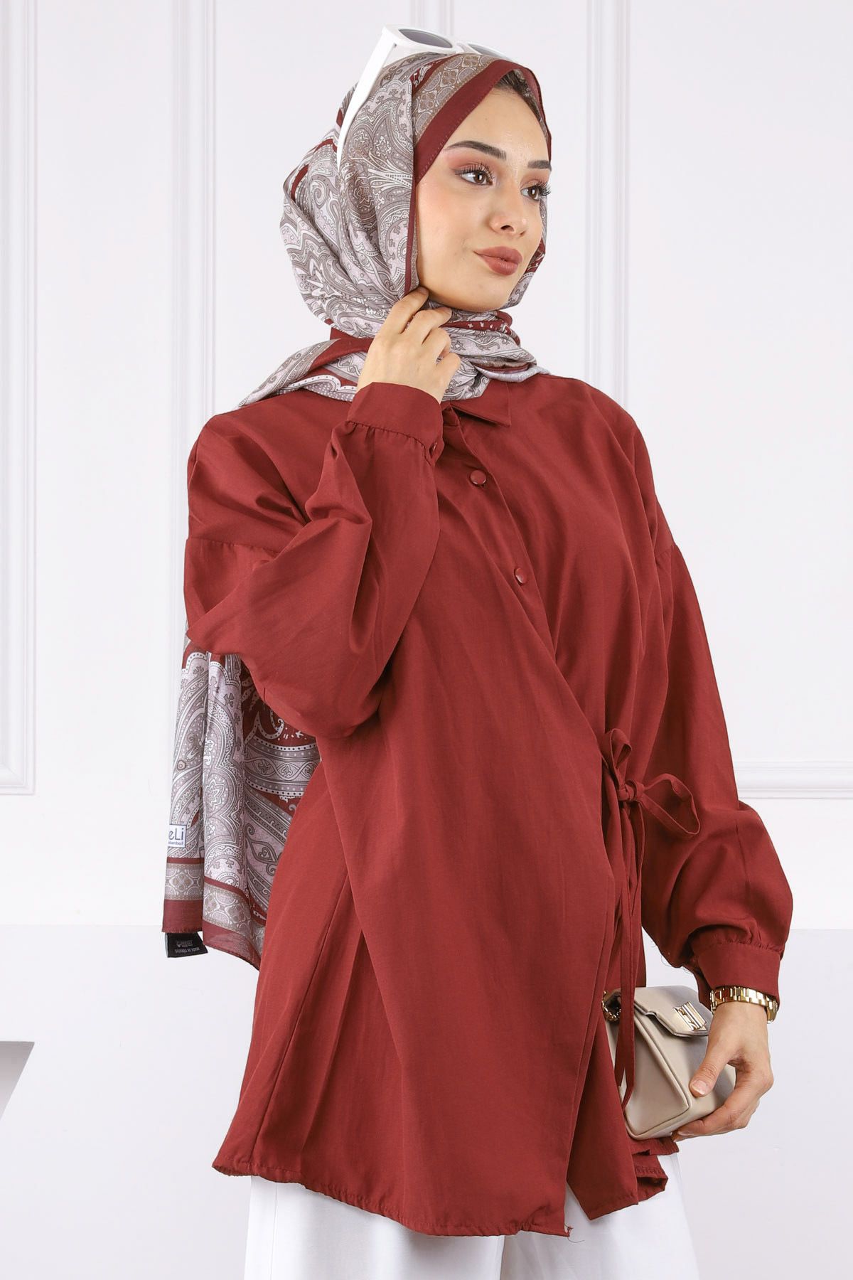 İmajButik Bordo Yandan Bağlamalı Modal Tunik