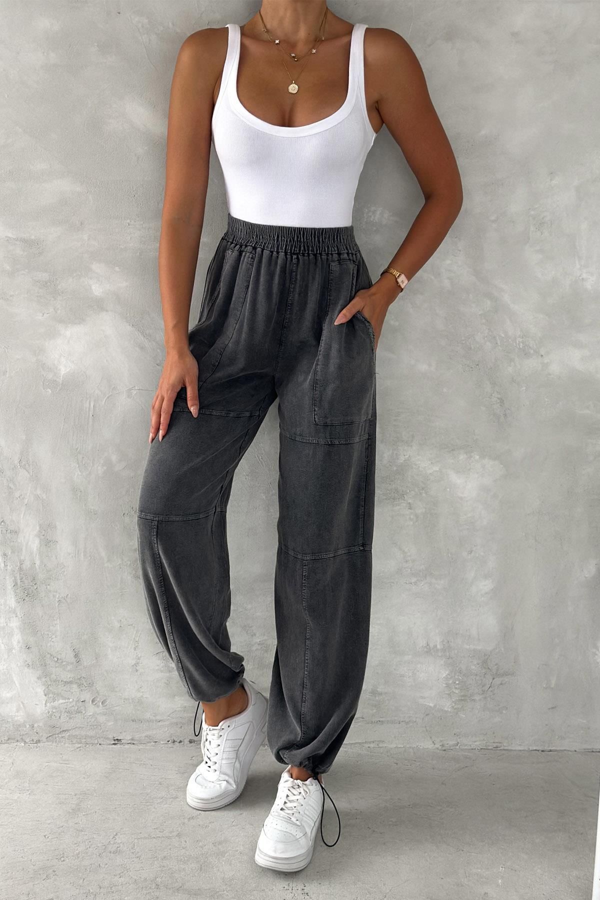 İstangül Butik Urban Ease Yüksek Bel Yıkamalı Paça Ayarlı Jogger Keten Pantolon