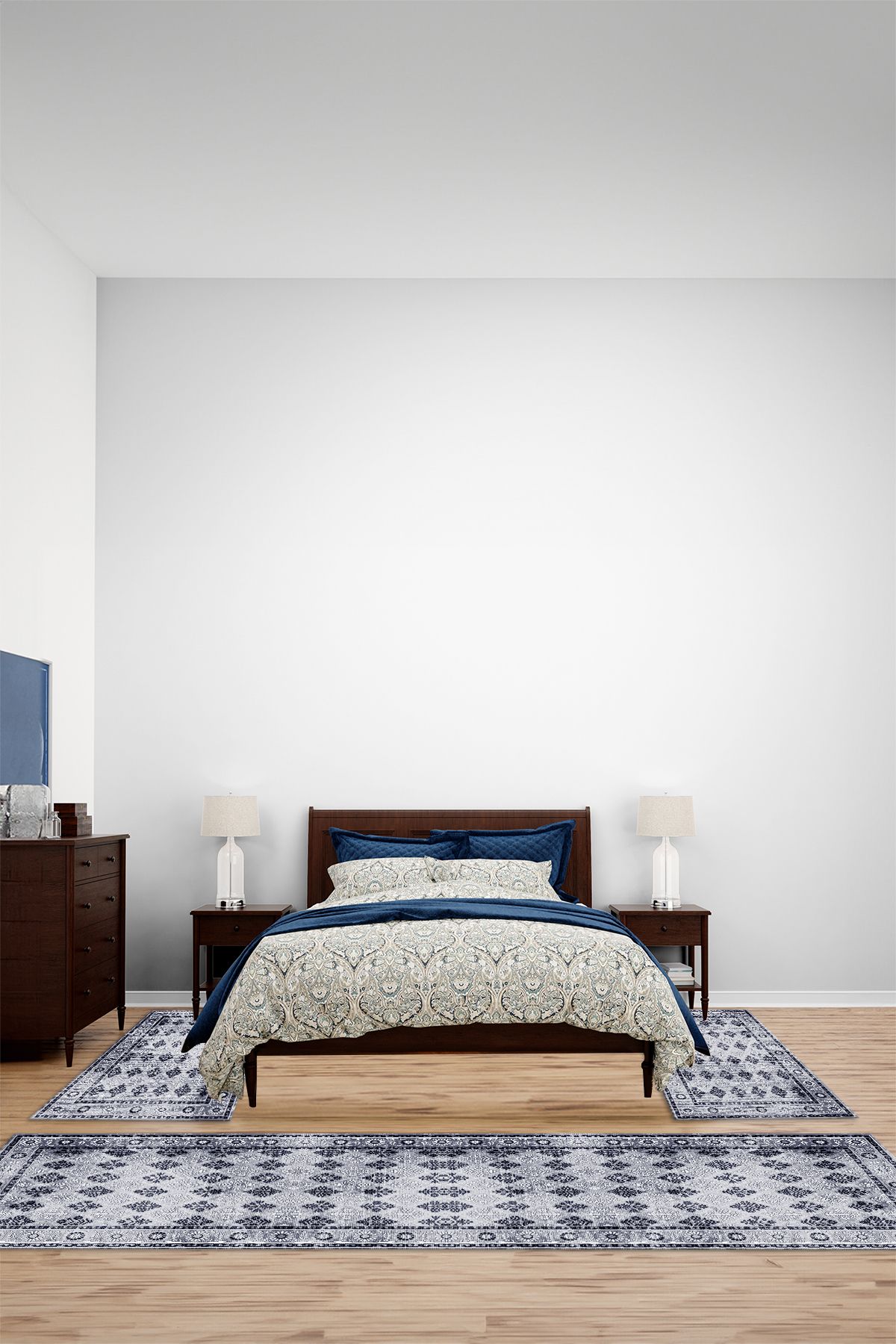 Viyana Home Dijital Kaymaz Yıkanabilir Çerçeveli Üçlü Yatak Odası Takım Halısı, YO-ÇERÇEVELİ-203-LACİVERT,