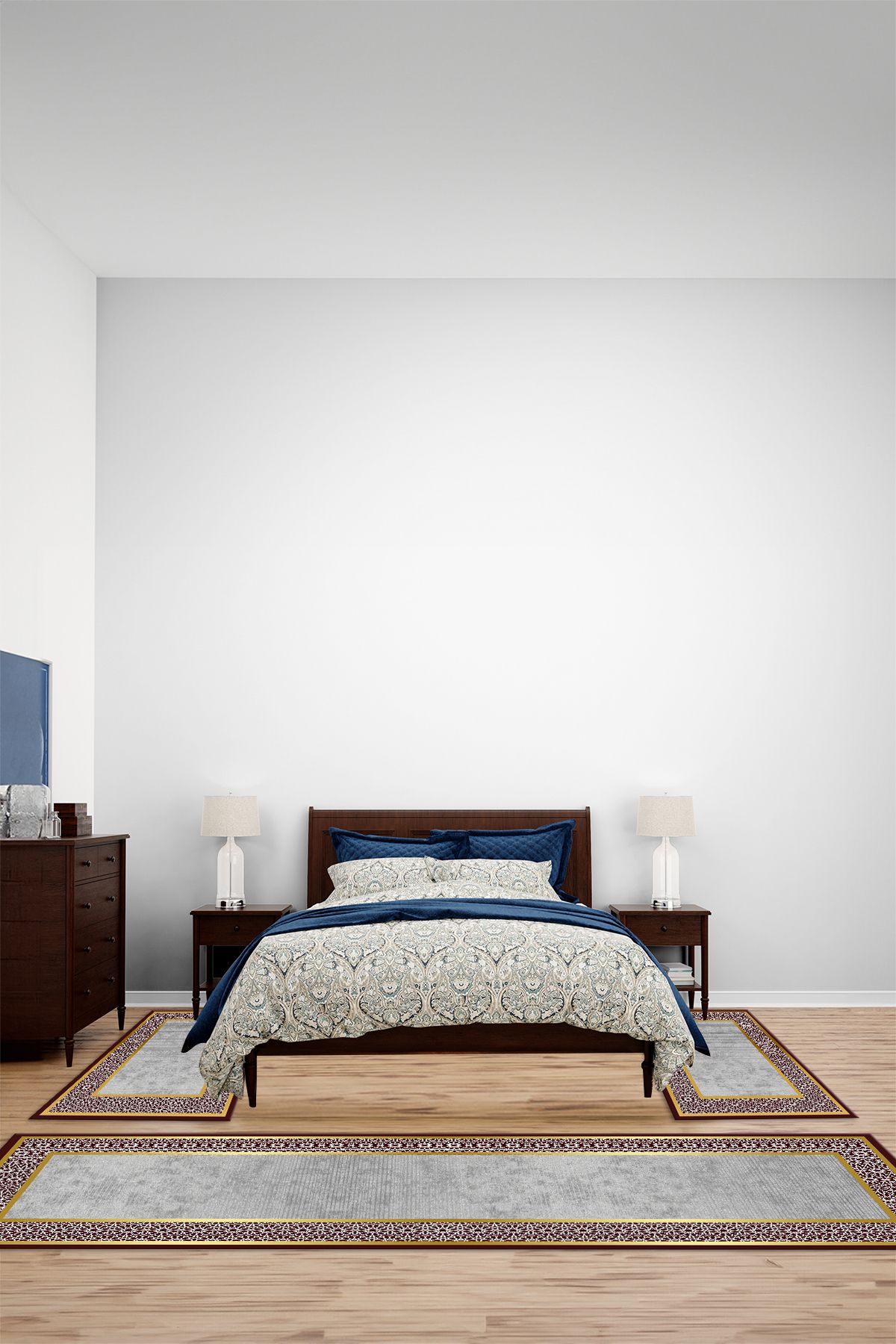 Viyana Home Dijital Kaymaz Yıkanabilir Çerçeveli Kenar Üçlü Yatak Odası Takım Halısı, YO-ÇERÇEVELİ-184-BORDO,