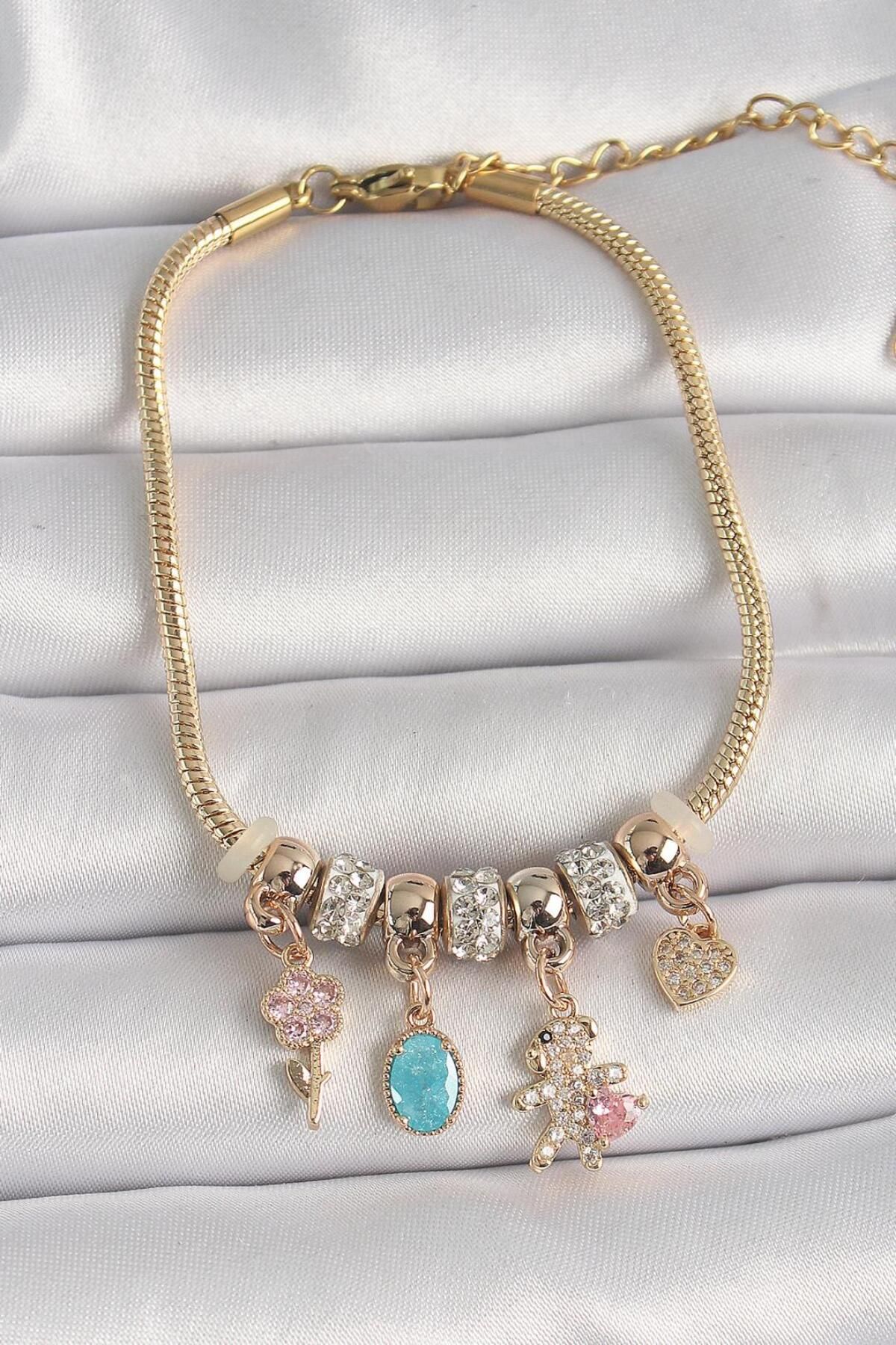 AfraBeauty 925 Ayar Paslanmaz Çelik Gold Zincir Sallantı Zirkon Taşlı Ayıcık Figür Çiçek Detay Bileklik