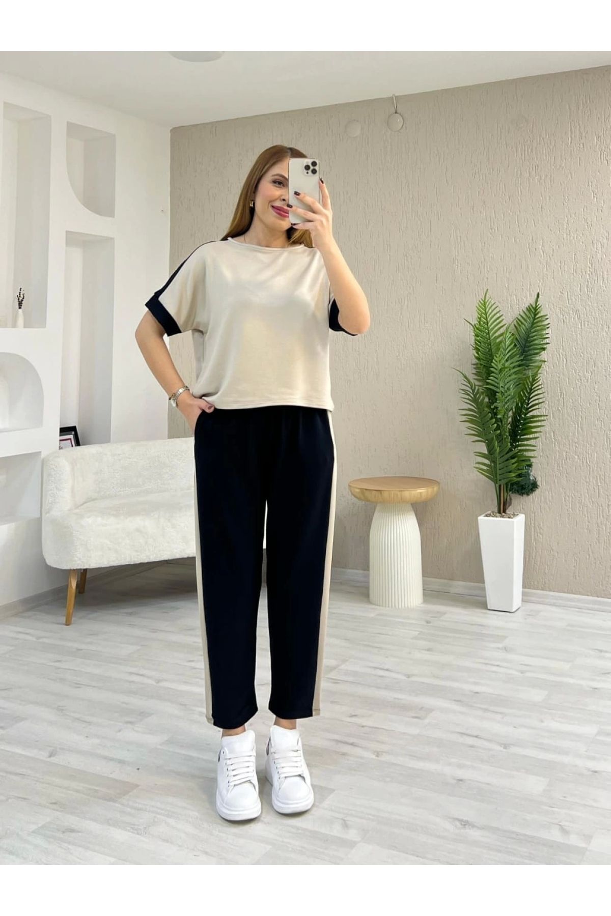 İrka Moda Şeritli Takım Bej