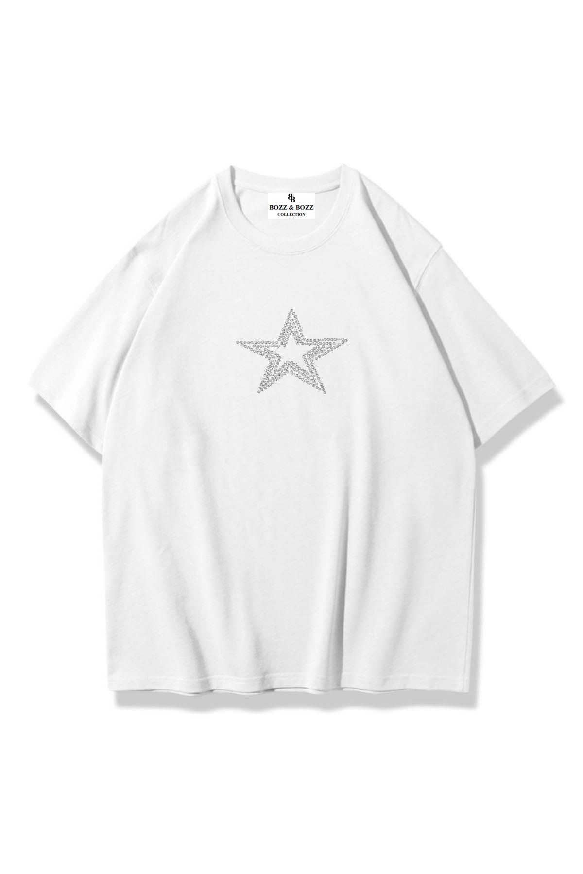 Bozz&Bozz Collection Unisex Oversize Star Stroke Taş Baskılı T-shirt