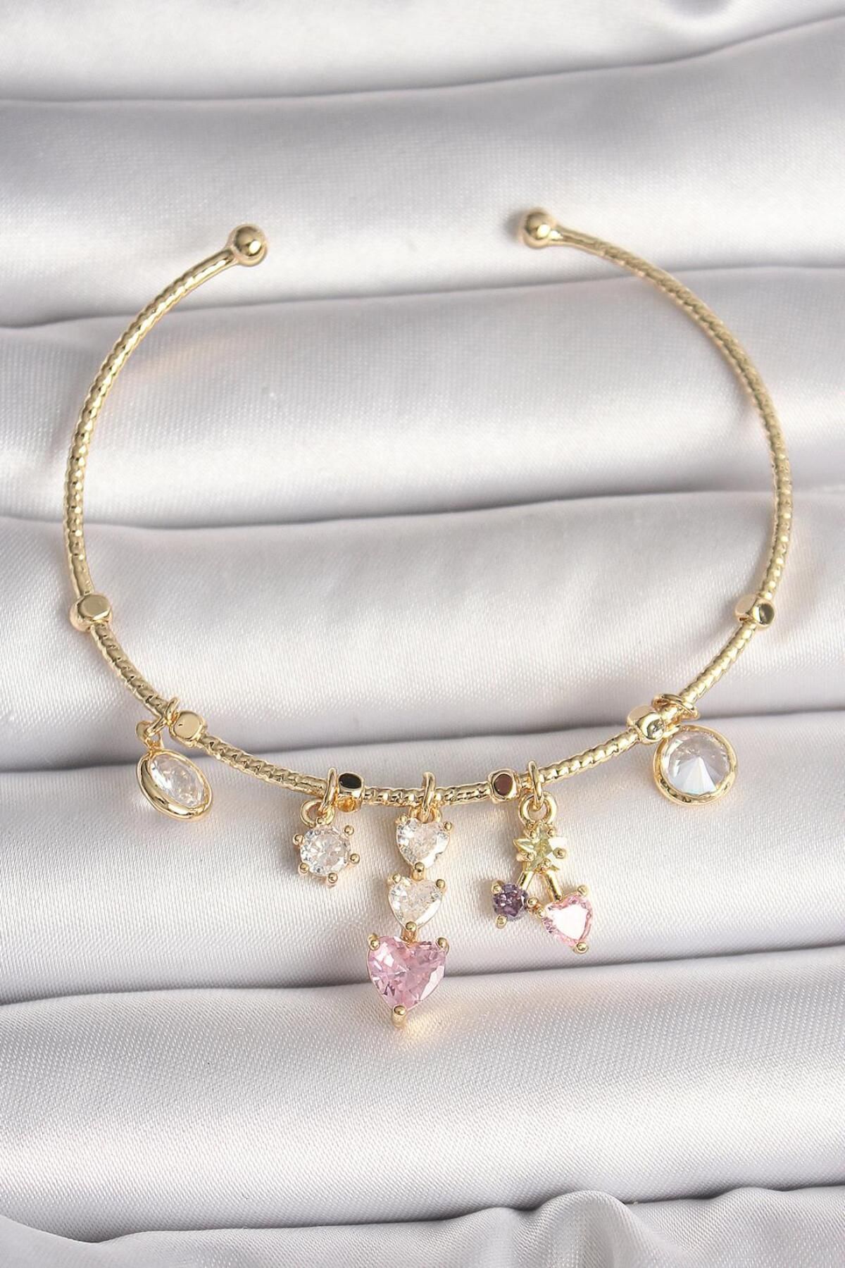 AfraBeauty 925 Ayar Paslanmaz Çelik Gold Sallantı Zirkon Taşlı Kalp Figür Pembe Kalp Charm Bileklik
