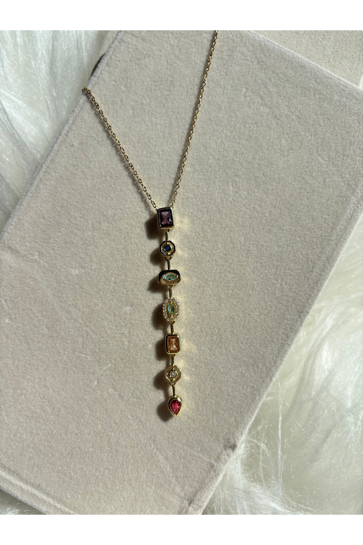 denars jewelry Y Kolye Zirkon Taşlı Karmaz Çelik Kolye