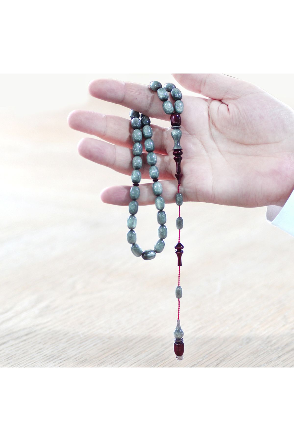 Tesbihane-Capsule Cut Pearlescent Gray Red Catalin Rosary with System Each One and Its Imame Master Craftsmanship 4