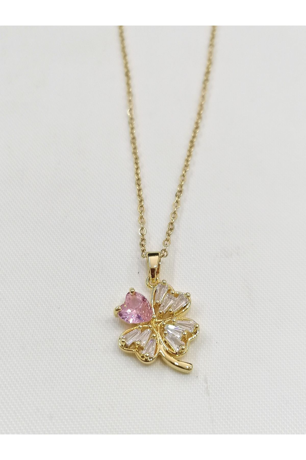 EKE BUTİK Çelik Pembe Taşlı Yonca Kolye