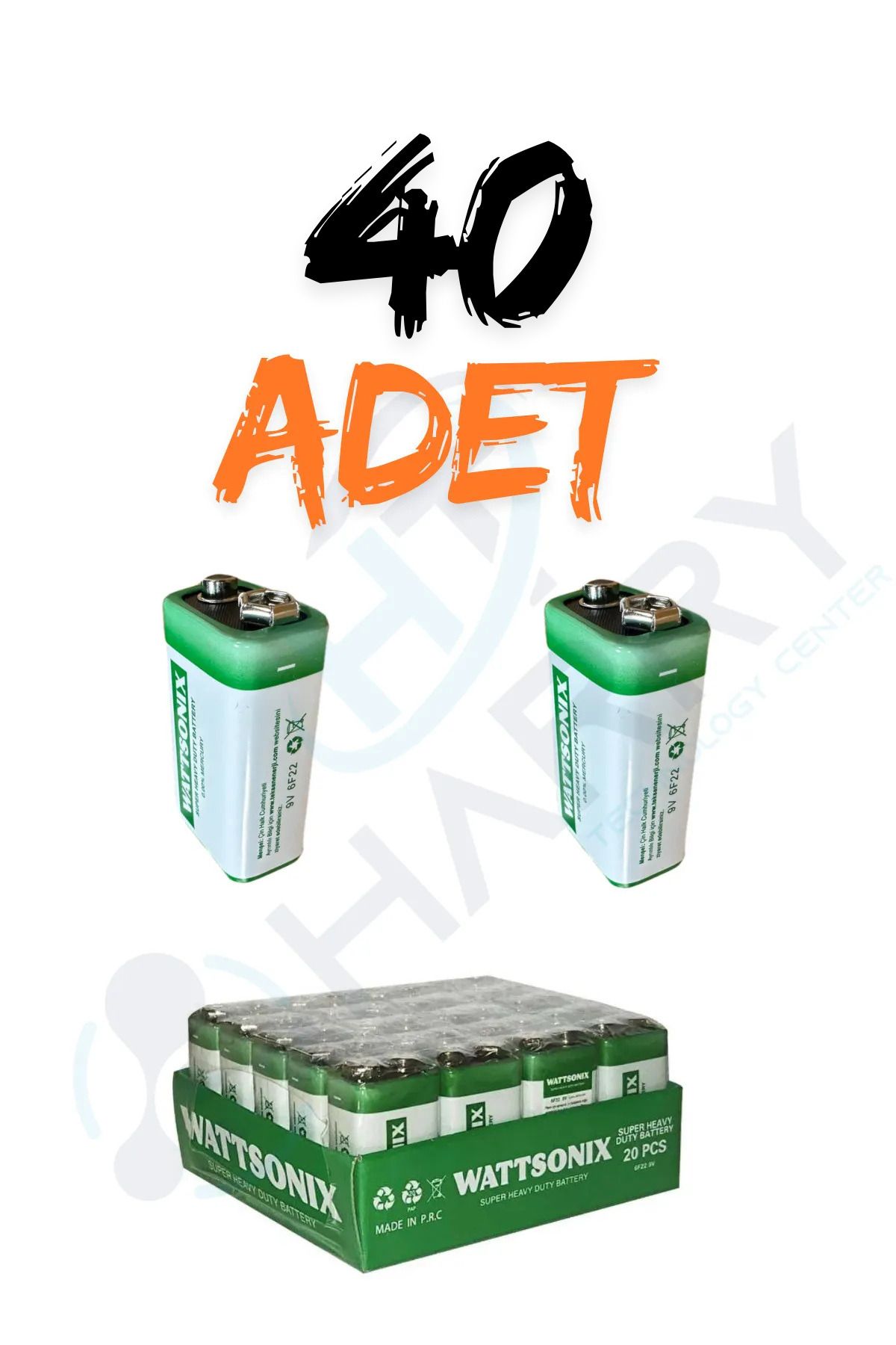 harry 40 ADET 9 Volt Pil - 9V Oyuncak Araba Drone Kumanda Pili -9Volt Çift Başlı Kare Pil