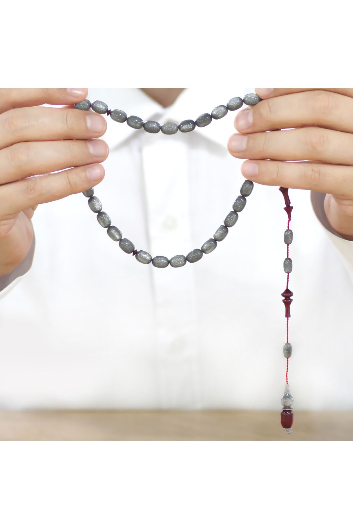 Tesbihane-Capsule Cut Pearlescent Gray Red Catalin Rosary with System Each One and Its Imame Master Craftsmanship 3