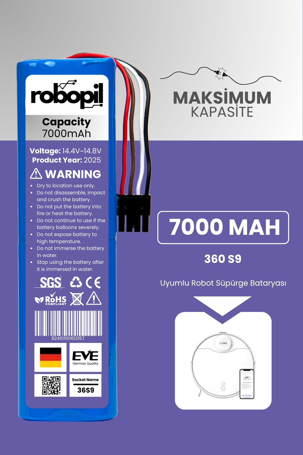 ROBOPİL 360 S9 Uyumlu Batarya (MAKSİMUM KAPASİTE) 7000mah Pil Robot Süpürge Bataryası Değişimi 360rcs9us