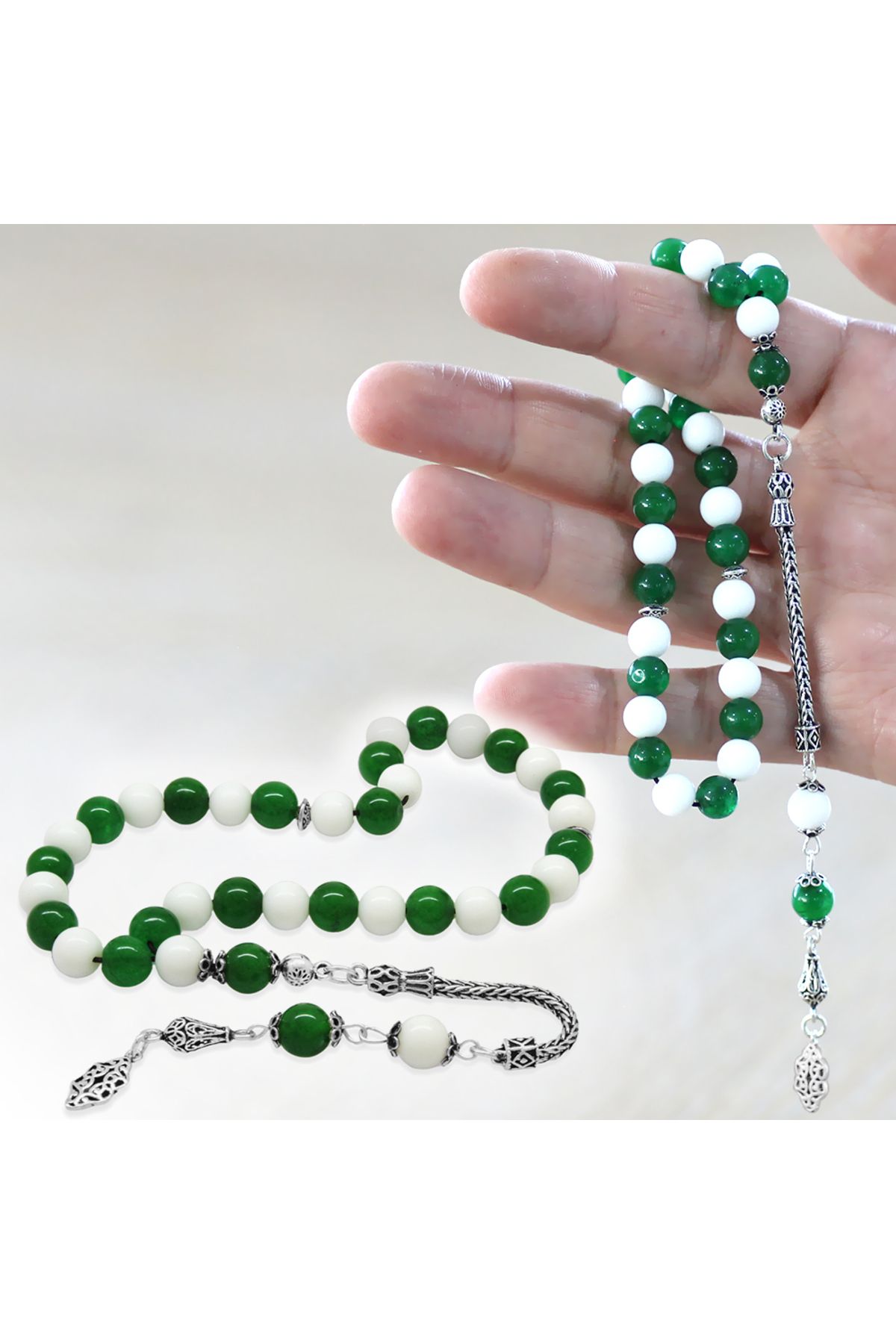 Tesbihane 925 Ayar Gümüş Foxtail Zincir Püsküllü Küre Kesim Yeşil Beyaz Jade Doğaltaş Taraftar Tesbih