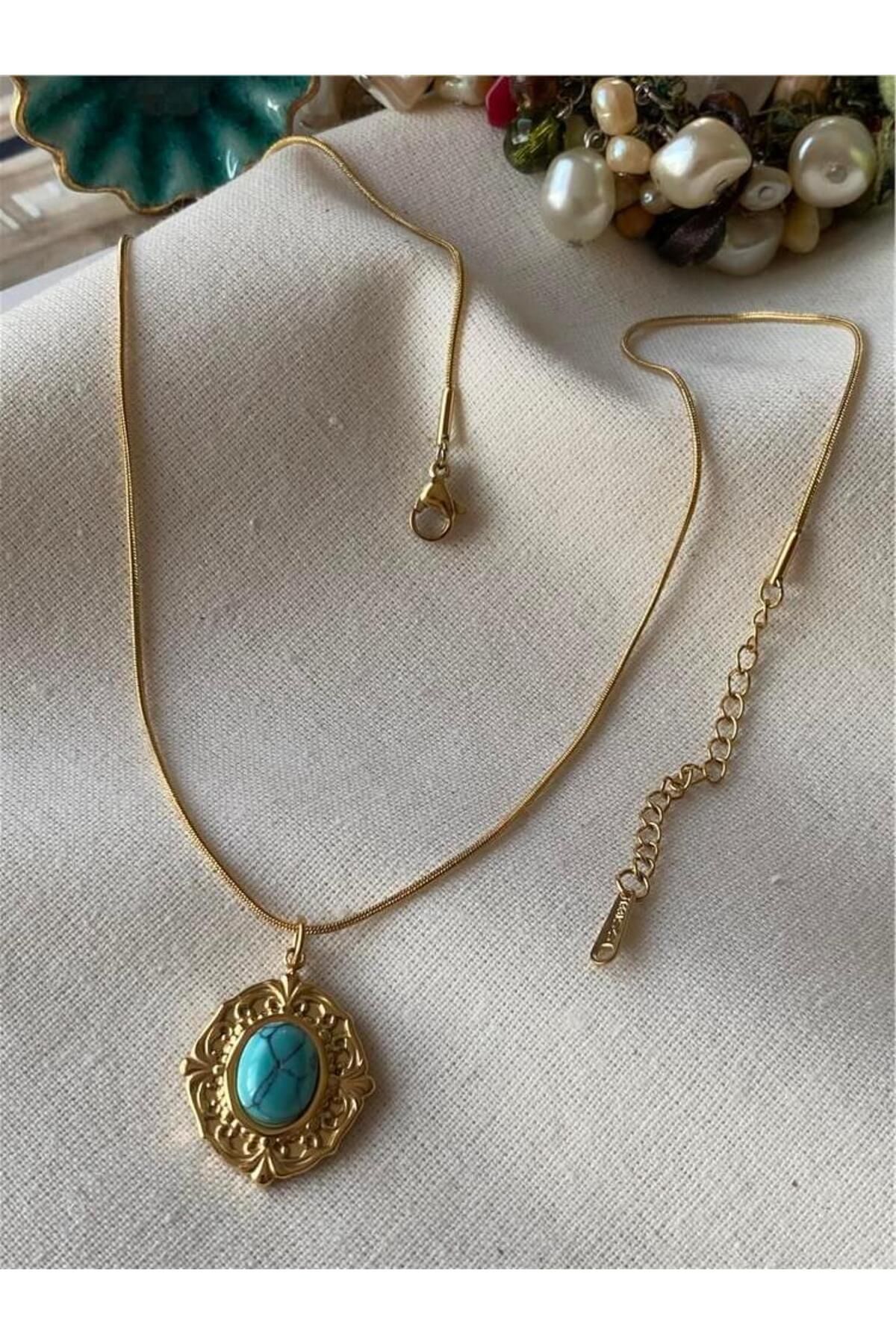 Okyanus Butik Çelik Vintage Çerçeveli Firuze Kolye