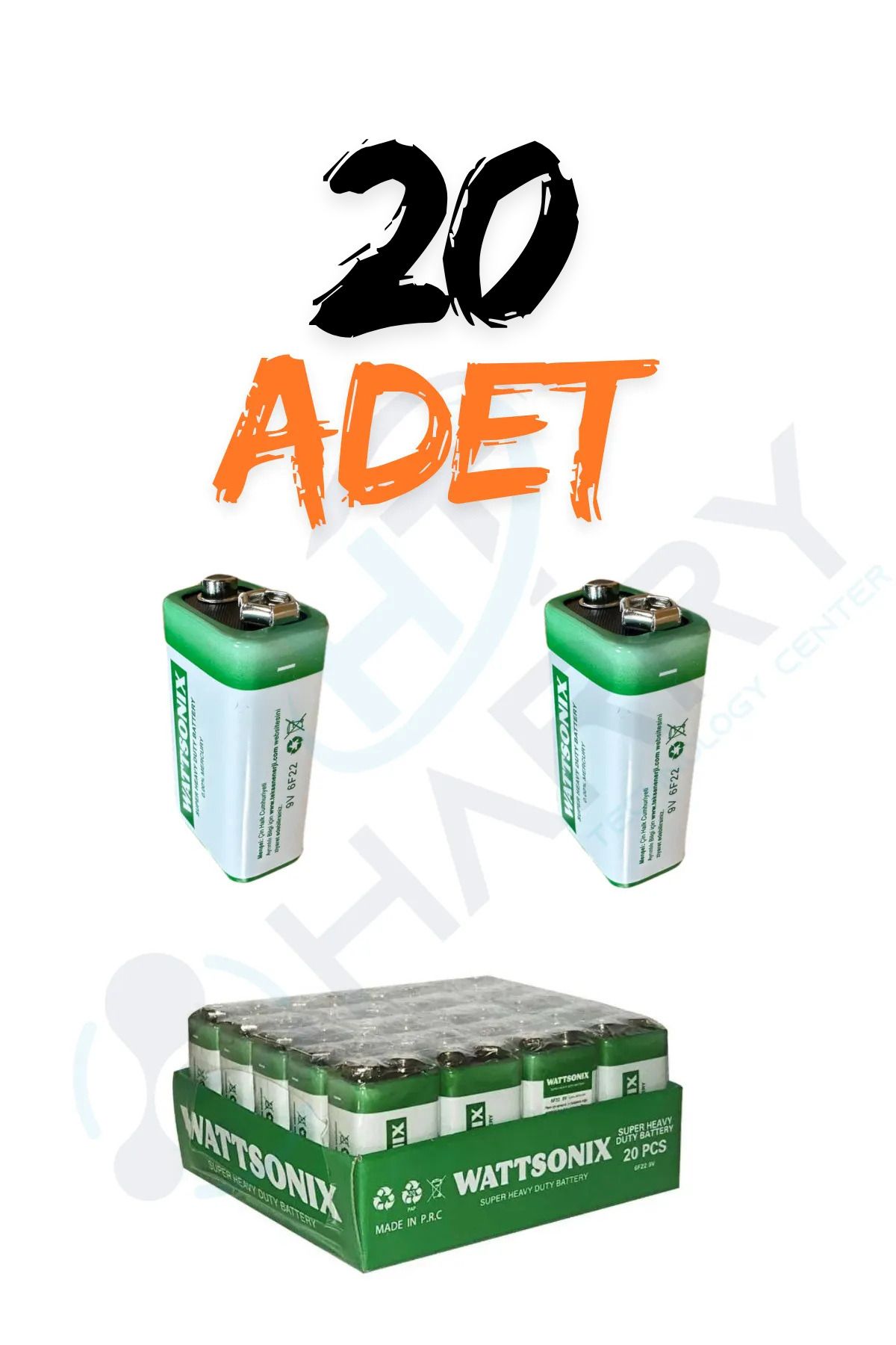 harry 20 ADET 9 Volt Pil - 9V Oyuncak Araba Drone Kumanda Pili -9Volt Çift Başlı Kare Pil