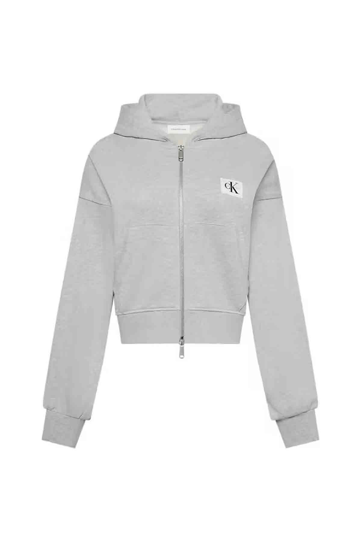 Calvin Klein Kadın French Terry Fermuarlı Kapüşonlu Sweatshirt - Gri Melanj