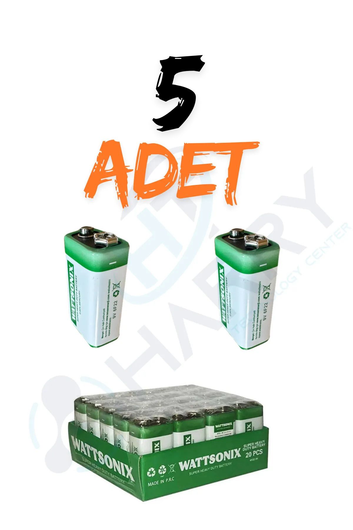 harry 5 ADET 9 Volt Pil - 9V Oyuncak Araba Drone Kumanda Pili -9Volt Çift Başlı Kare Pil