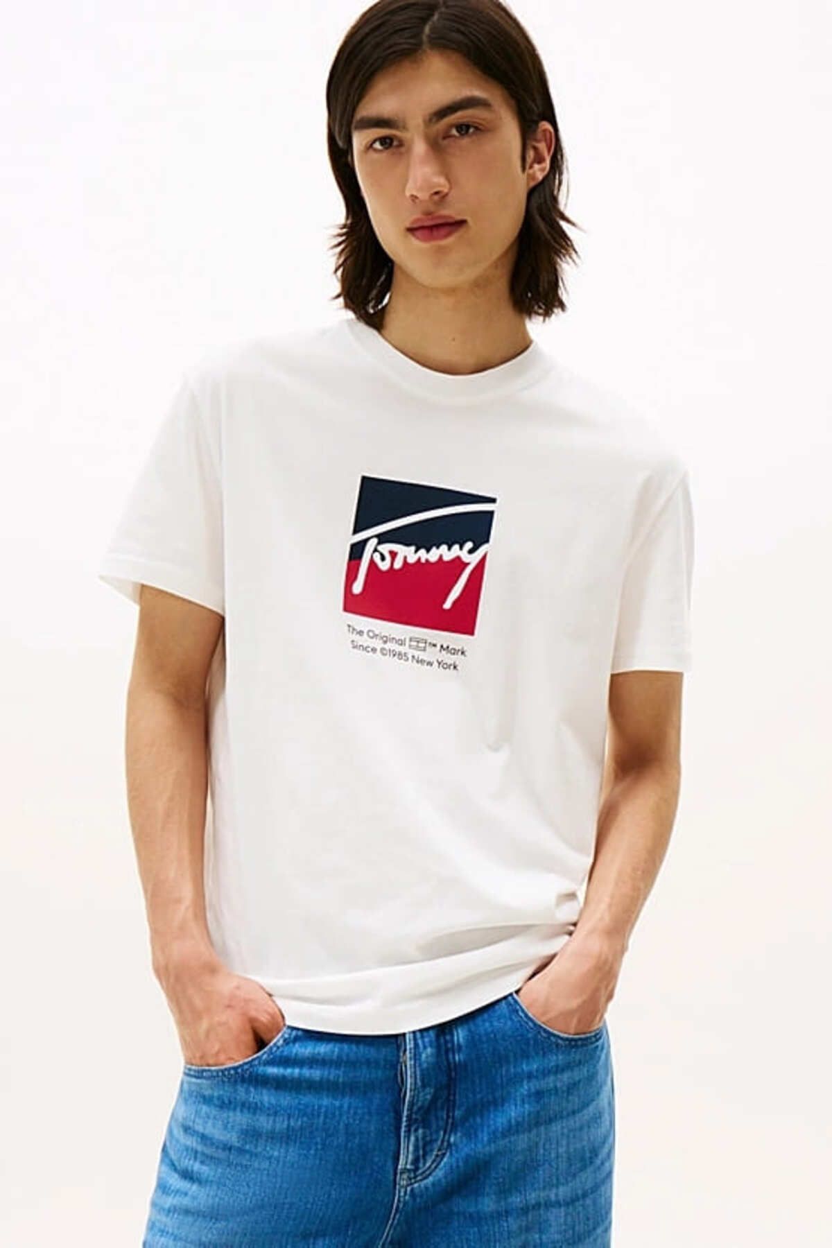 Tommy Hilfiger Erkek Signature Logo T-Shirt - Ekru