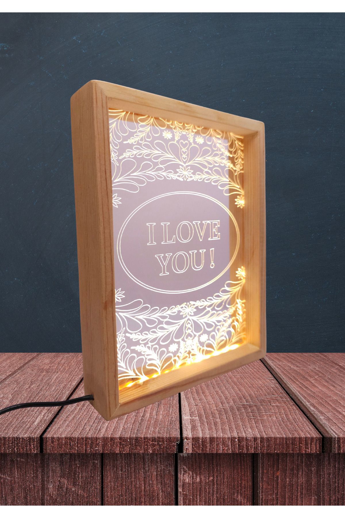 Tasarımistan Çift Taraflı Led Aydınlatmalı Doğal Ahşap Fotoğraf Çerçevesi 16x21 Cm I Love You Model
