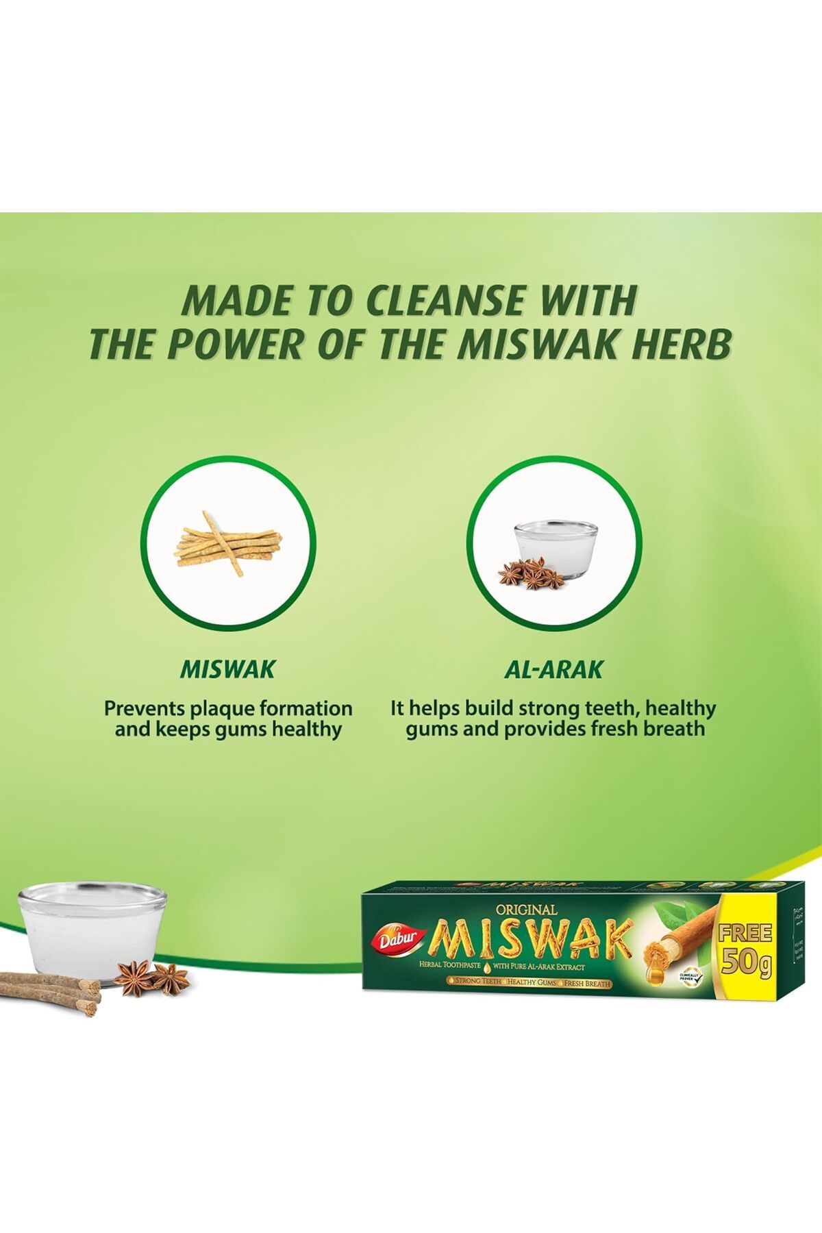 Dabur-Miswak Toothpaste (120 + 50g Free) | Formulated With Pure Extracts Of Al Arak | For Healthy Gu 7