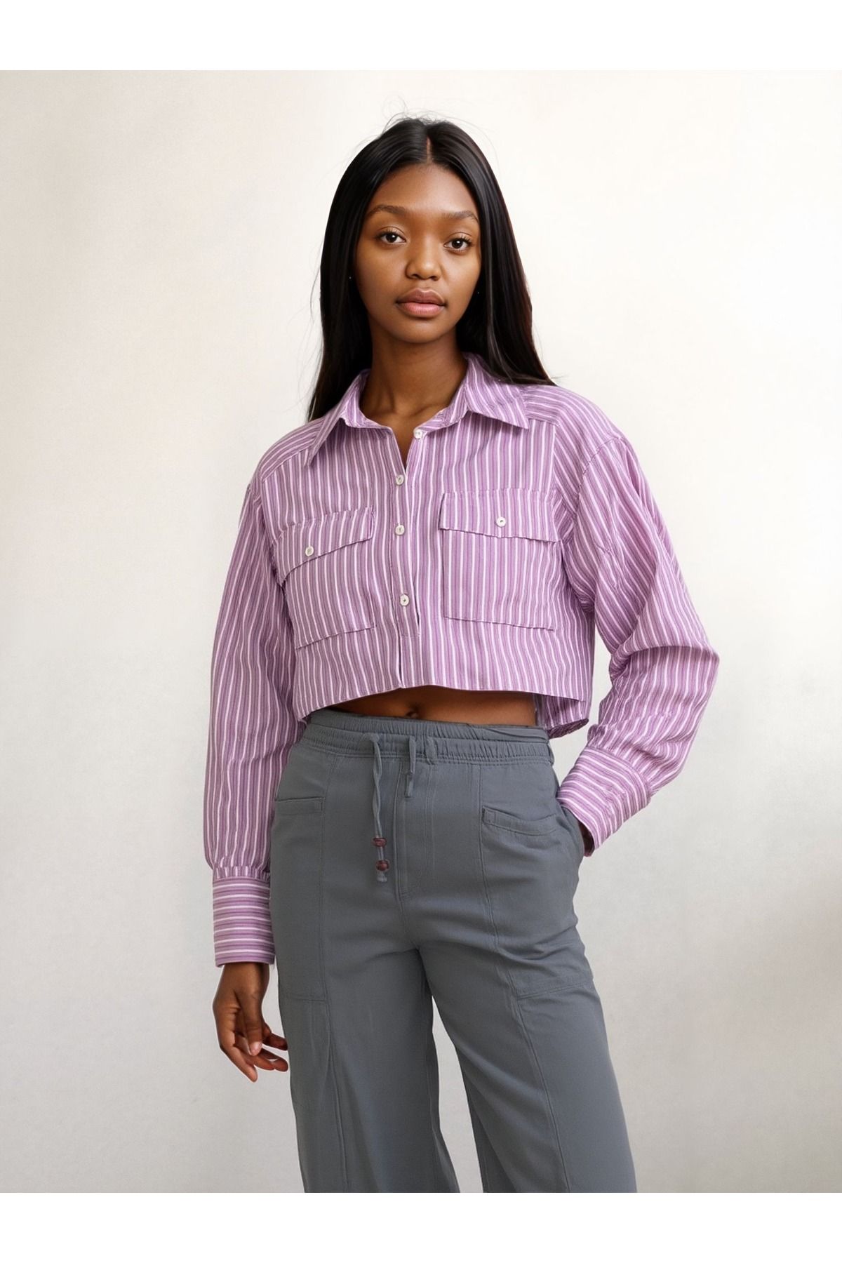 VNYA collection cep kapaklı çizgili crop kadın gömlek